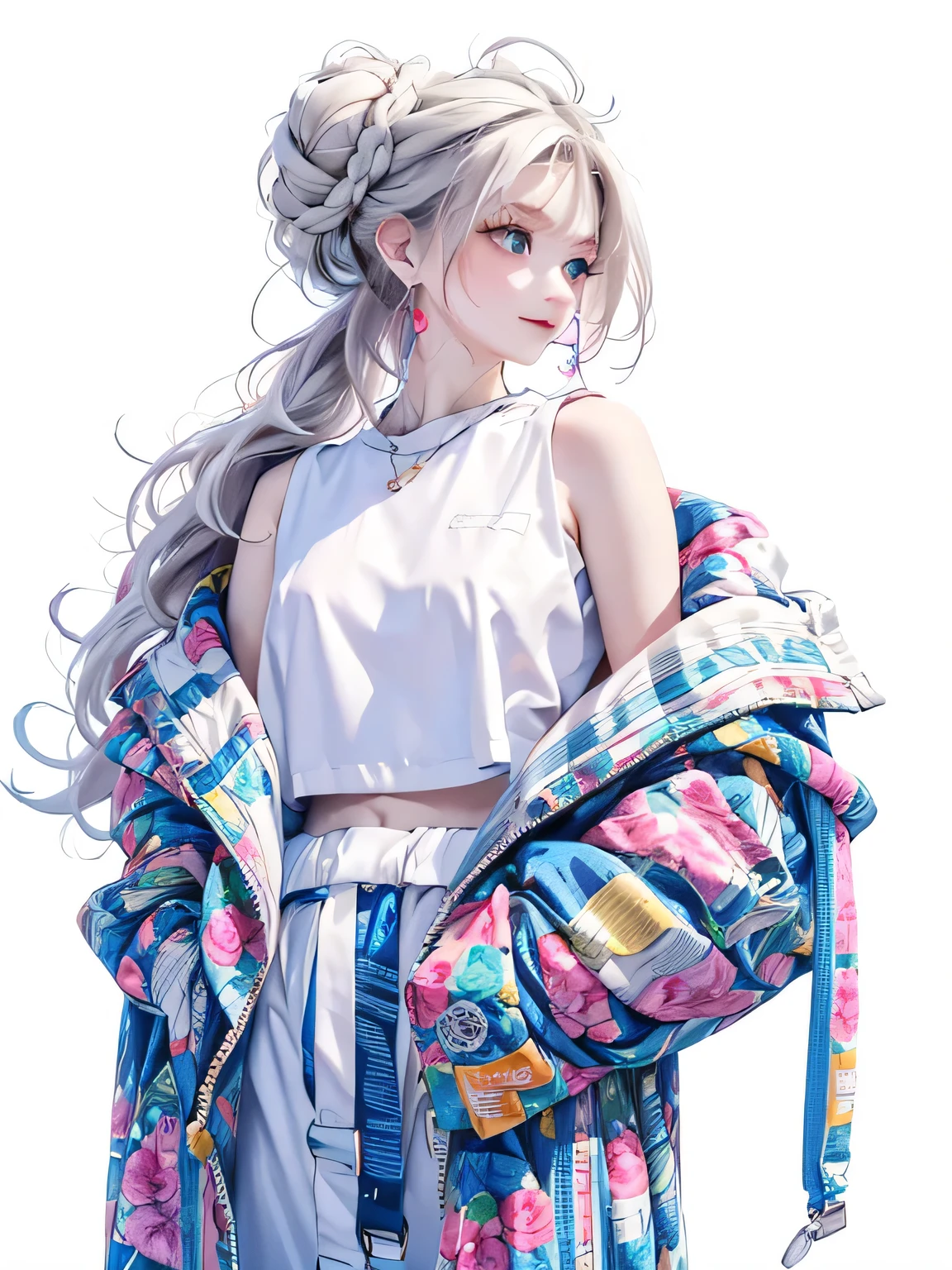 masterpiece, highest quality, High resolution, summer clothes, Colorful bun hair, Upper body, pure white background, facing forward::2,