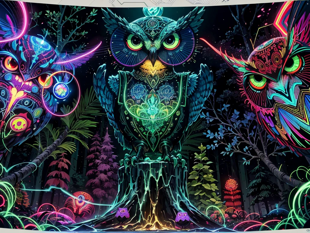 brightly colored owls are sitting in a forest of trees, glowing owls, glowing owl, alien owl, tapestries of dreams, radiant owl, psychedelic forest, highly detailed visionary art, owls, psychedelic black light, visionary art style, tapestry, glowing eyes!! intricate, psychedelic aesthetic, 4 k highly detailed art, trippy art, owl wizard, intricate artwork. neon eyes