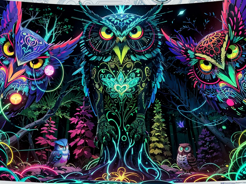 brightly colored owls are sitting in a forest of trees, glowing owls, glowing owl, alien owl, tapestries of dreams, radiant owl, psychedelic forest, highly detailed visionary art, owls, psychedelic black light, visionary art style, tapestry, glowing eyes!! intricate, psychedelic aesthetic, 4 k highly detailed art, trippy art, owl wizard, intricate artwork. neon eyes