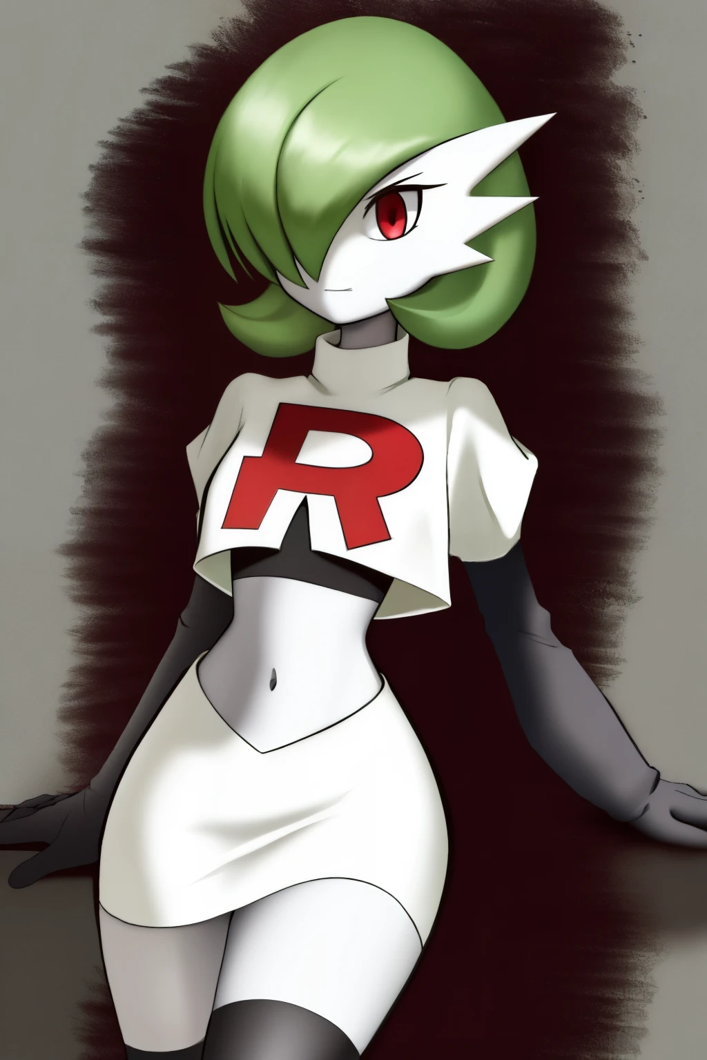 masterpiece, best_quality, 1girl, solo, gardevoir, creatures \(company\), game freak, nintendo, pokemon, pokemon \(game\), bangs, colored skin, female focus, gen 3 pokemon, green hair, green skin, hair over one eye, multicolored skin, pokemon \(creature\), red eyes, short hair, two-tone skin, white skin, team rocket,team rocket uniform,white skirt,red letter R,crop top,black thigh-highs,black elbow gloves