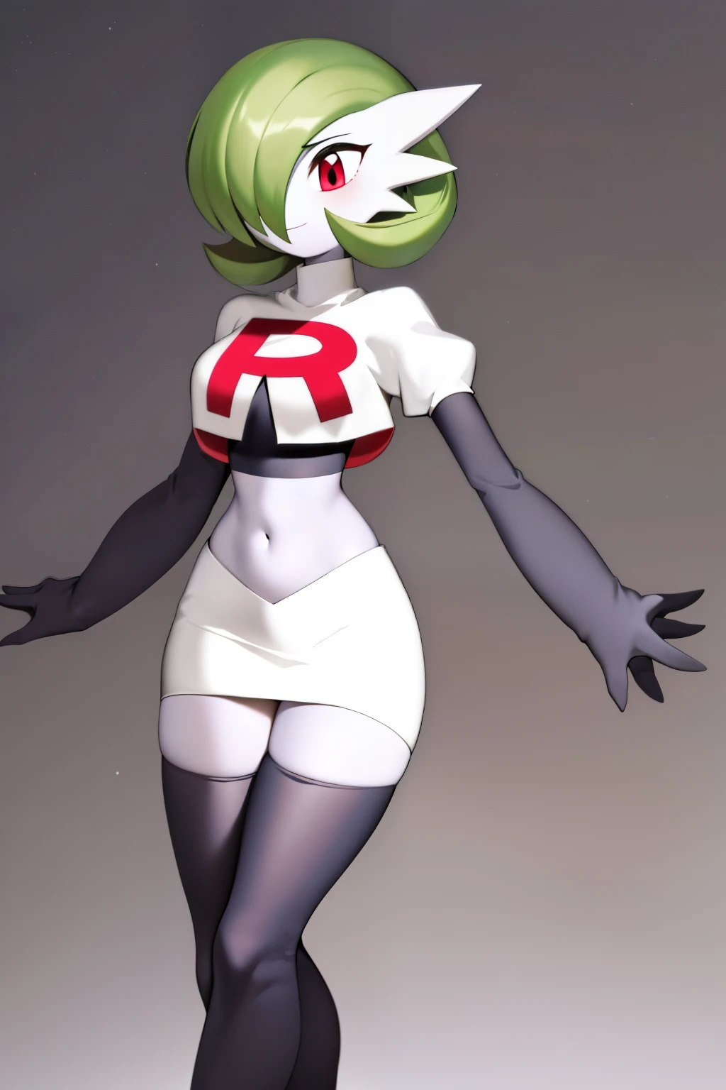 masterpiece, best_quality, 1girl, solo, gardevoir, creatures \(company\), game freak, nintendo, pokemon, pokemon \(game\), bangs, colored skin, female focus, gen 3 pokemon, green hair, green skin, hair over one eye, multicolored skin, pokemon \(creature\), red eyes, short hair, two-tone skin, white skin, team rocket,team rocket uniform,white skirt,red letter R,crop top,black thigh-highs,black elbow gloves