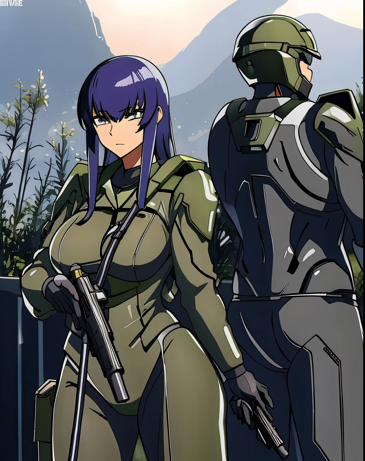 Saeko Busujima with a gun and a helmet, video game character concept, clothed in sci-fi military armor, halo infinite!!, sci-fi character concept, scifi character, concept armor, dressed in tactical armor, mjolnir armor from halo infinite, detailed full body concept, sci - fi character, sci fi character concept