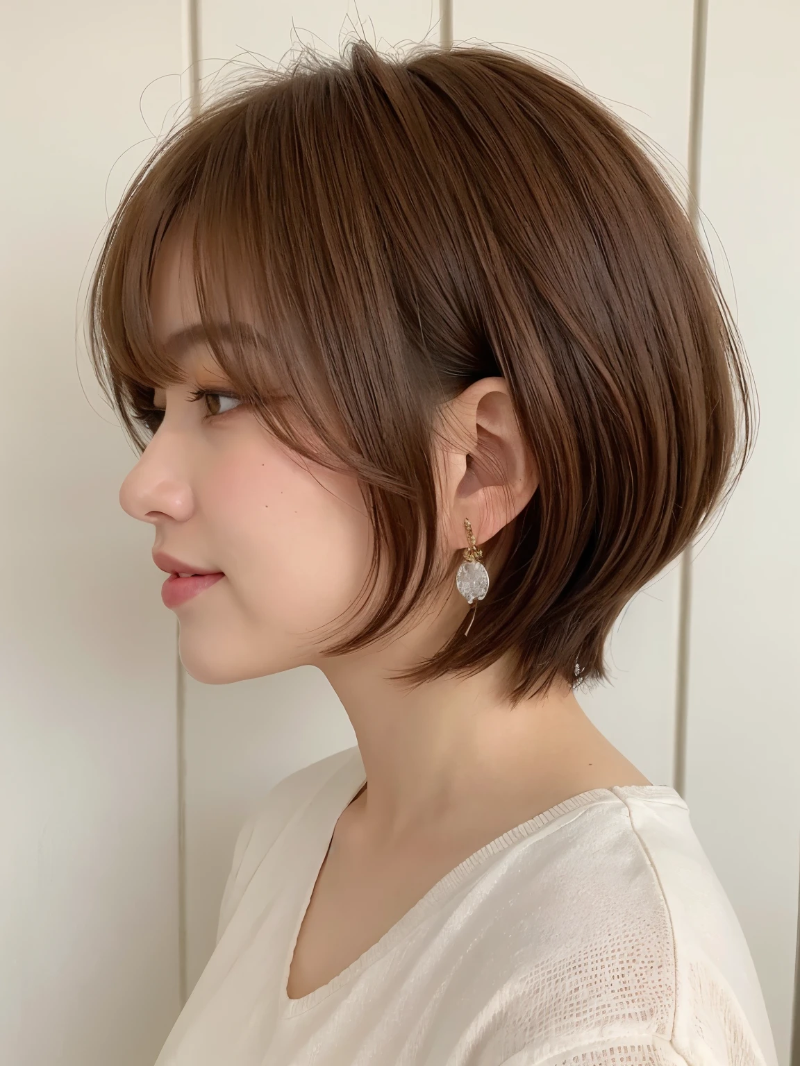Taken in front of the white door、(8k、RAW photo、highest quality、masterpiece:1.2)、High-definition RAW color photo、professional photos、(realistic、フォトrealistic:1.37)、Photographed in natural light、1 girl、laughter、(Various poses)、squat、squat、break (ombre:1.3) 、Winter clothes、 necklace、(pastel colored clothes)、(Beautiful profile:1.3)、don't look at the camera、profile、shortcut、((brown hair)、bob hair、Eye color dark brown、(Beautiful profile:1.3)、correct hand of human body、big earrings