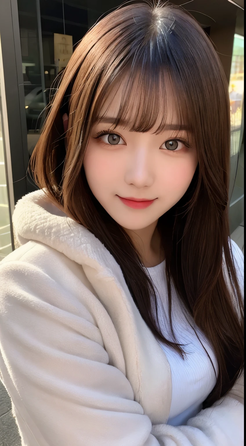 table top, highest quality, shape, Super detailed, finely, High resolution, 8k wallpaper, 完璧なダイナミックな構shape, beautiful and detailed eyes, luxury mink coat(long sleeve dresium hair, small breasts, natural color lip, random sexy pose,smile,big city、20 year old girl、midnight、beautiful and detailed face、perfect and beautiful face,Big eyes、real photos(best image quality)