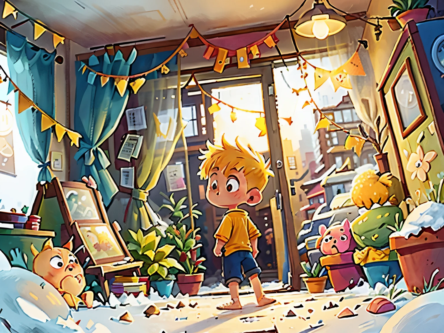 On snowy nights,The back view of a little boy with yellow hair,barefoot,standing in front of shop window,big city