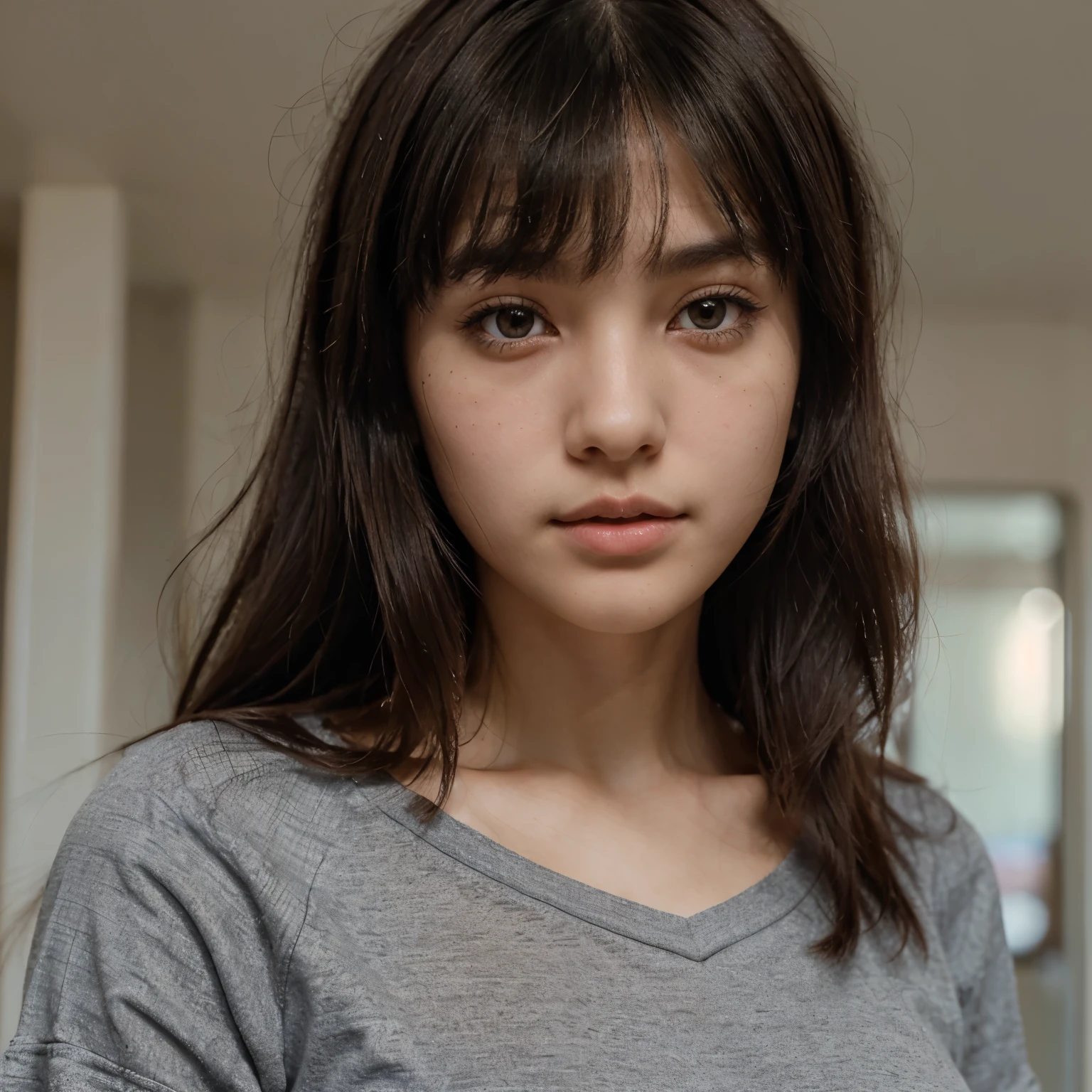 Girl with dark medium-length hair with subtle layers, attractive sharp subtle intimidating eyes and pinkish thin and slight supple lips, pointed nose, small dot of mole in left temple and bangs subtly middle parted, wearing a student uniform