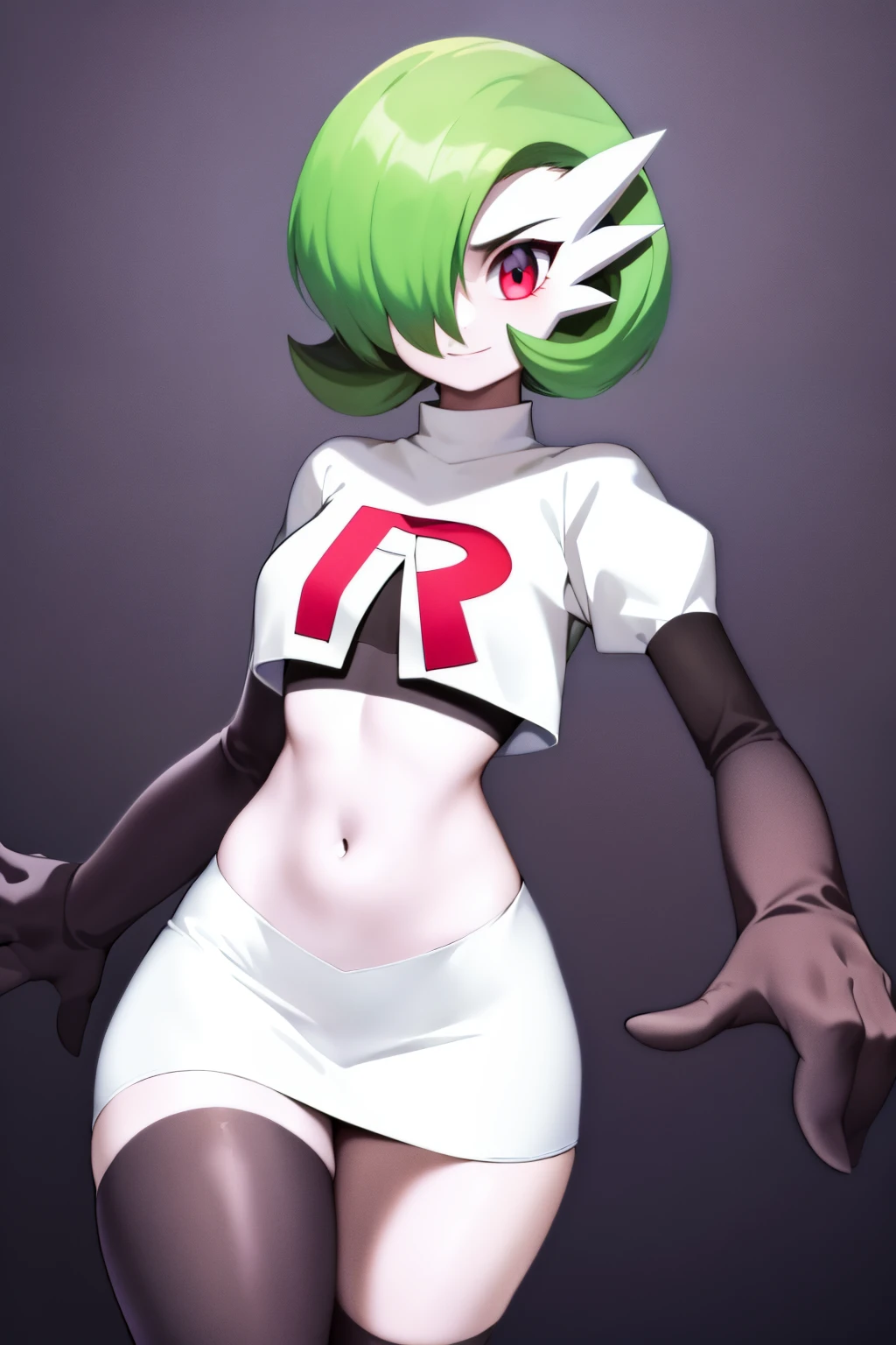 masterpiece, best_quality, 1girl, solo, gardevoir, creatures \(company\), game freak, nintendo, pokemon, pokemon \(game\), bangs, colored skin, female focus, gen 3 pokemon, green hair, green skin, hair over one eye, multicolored skin, pokemon \(creature\), red eyes, short hair, two-tone skin, white skin, team rocket,team rocket uniform,white skirt,red letter R,crop top,black thigh-highs,black elbow gloves