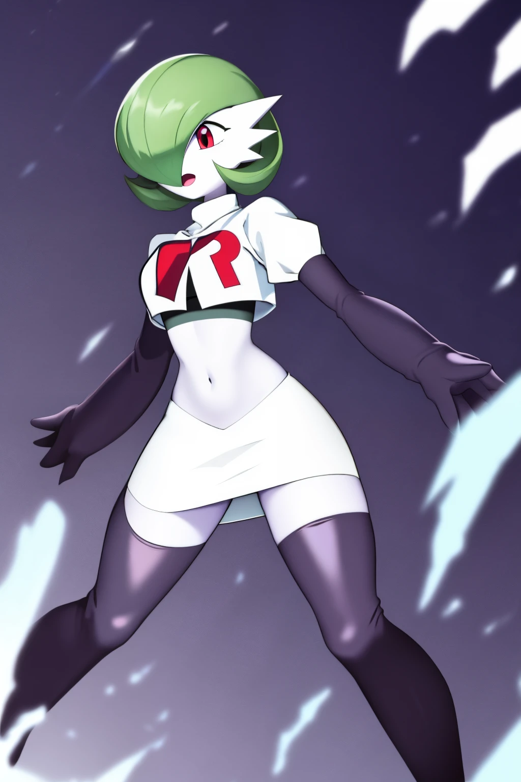 masterpiece, best_quality, 1girl, solo, gardevoir, creatures \(company\), game freak, nintendo, pokemon, pokemon \(game\), bangs, colored skin, female focus, gen 3 pokemon, green hair, green skin, hair over one eye, multicolored skin, pokemon \(creature\), red eyes, short hair, two-tone skin, white skin, team rocket,team rocket uniform,white skirt,red letter R,crop top,black thigh-highs,black elbow gloves