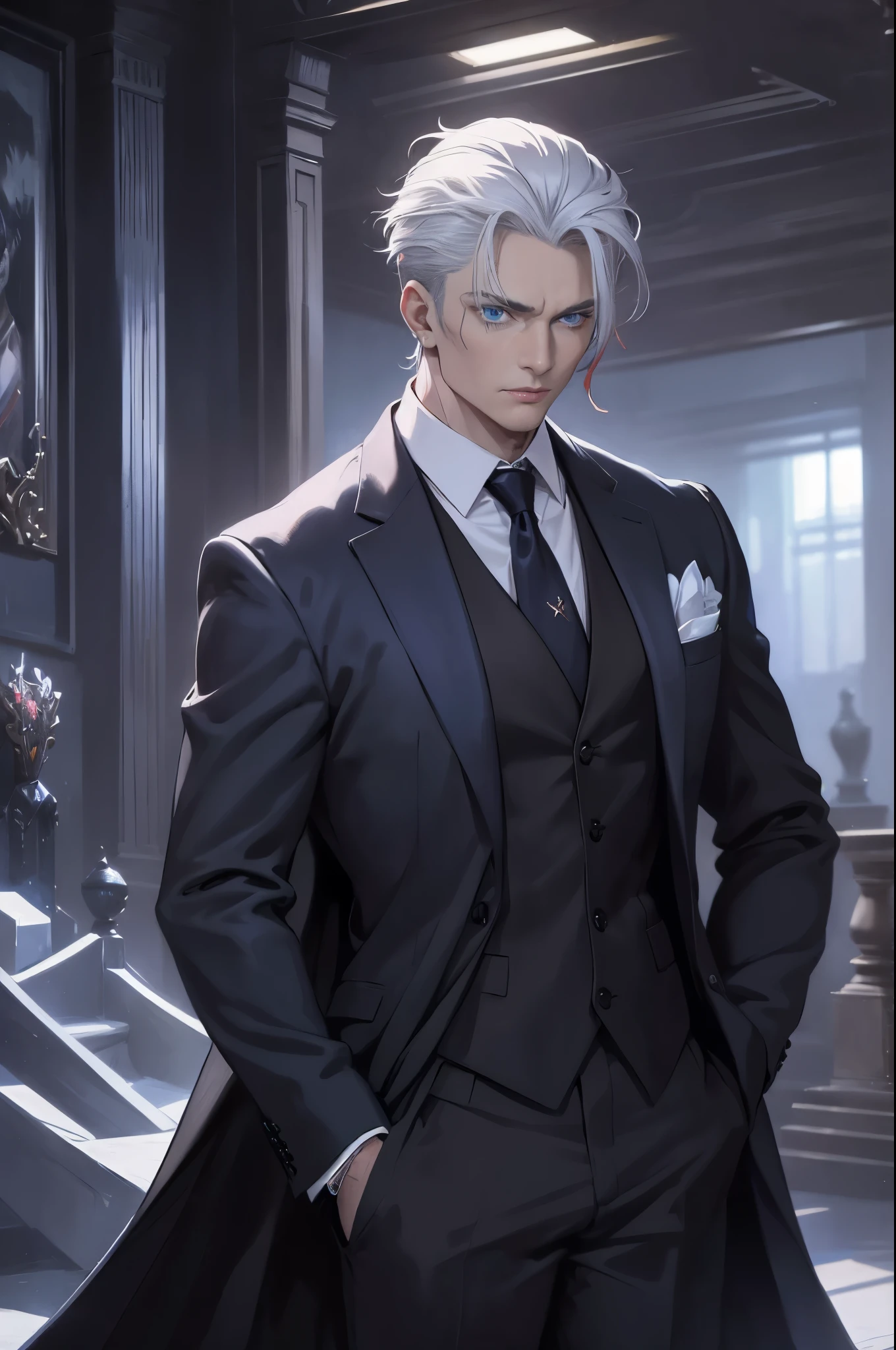 (a man in a suit on a red carpet, silver hair, blue eyes, with the silhouette of another man behind him),oil painting, vibrant colors, detailed textures, (best quality, high-res, vivid colors:1.2), shining lights, dramatic shadows, formal attire, confident posture, elegant and distinguished appearance, (portrait, glamour), dynamic atmosphere, mysterious aura, mesmerizing gaze, intense expressions, luxurious surroundings, contrasting background, celebrity event