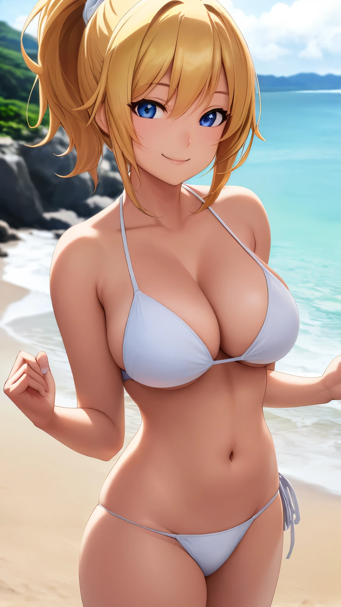 (best quality:1.5, highres, UHD, 4K, detailed lighting, shaders, HDR, hand depiction, anime style), blonde ponytail, large breasts, white bikini, smiling, standing, close shot, beach background