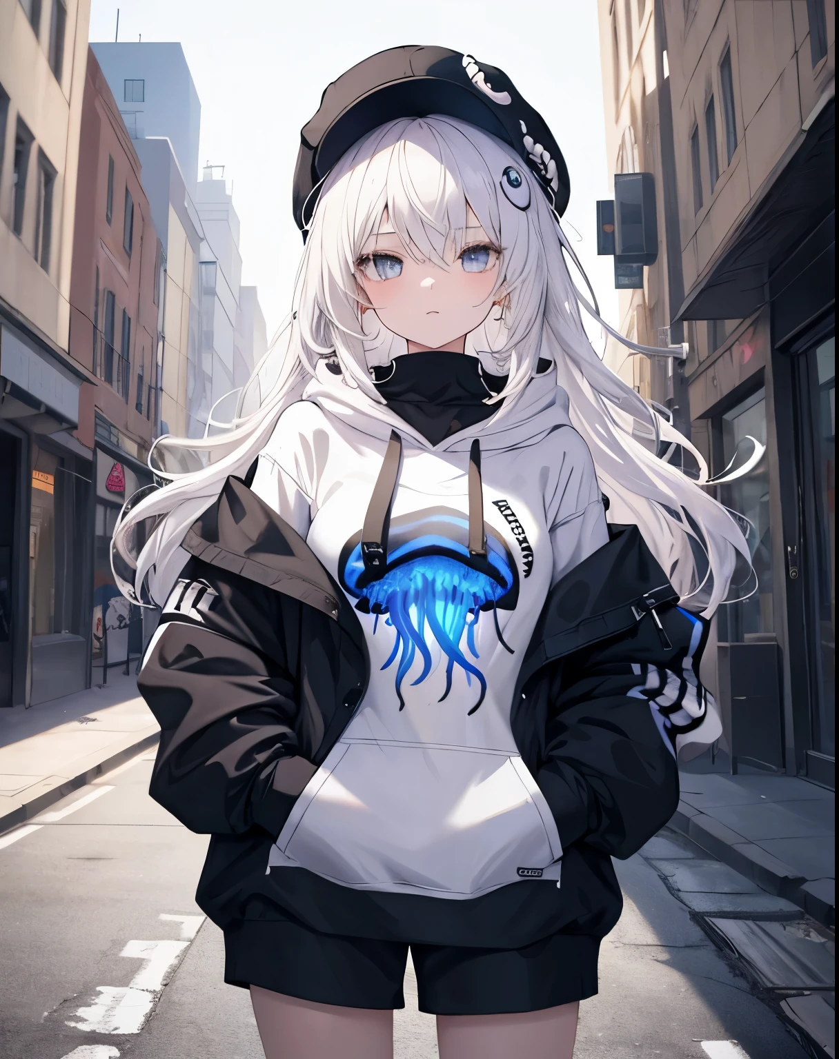 masterpiece,1girl,solo, jellyfish hair,whitehair,hoodie,off shoulder:1.2, mob cap, street,hand on hip, hand in pocket,