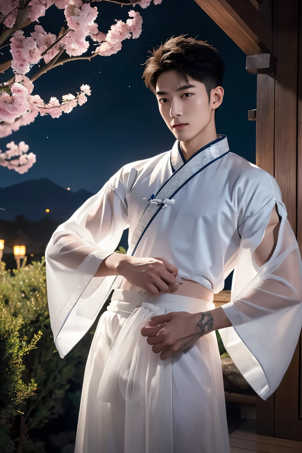 Handsome guy, 21 years old, Asian, master work, best picture quality, higher quality, high detail, super high resolution, 8k resolution, delicate facial features, detailed face, detailed eyes, detailed hands, boy, slim muscular body, large pecs, tattoos, short hair, hair details, Look away, look to the side, emphasize homosexuality and pay attention to every detail, open Hanfu transparent tulle jacket, wearing white transparent tulle pants, crotch bulge, night, starry sky, flying flowers. Waterfalls, mountains, circling dragons, Chinese courtyard background,