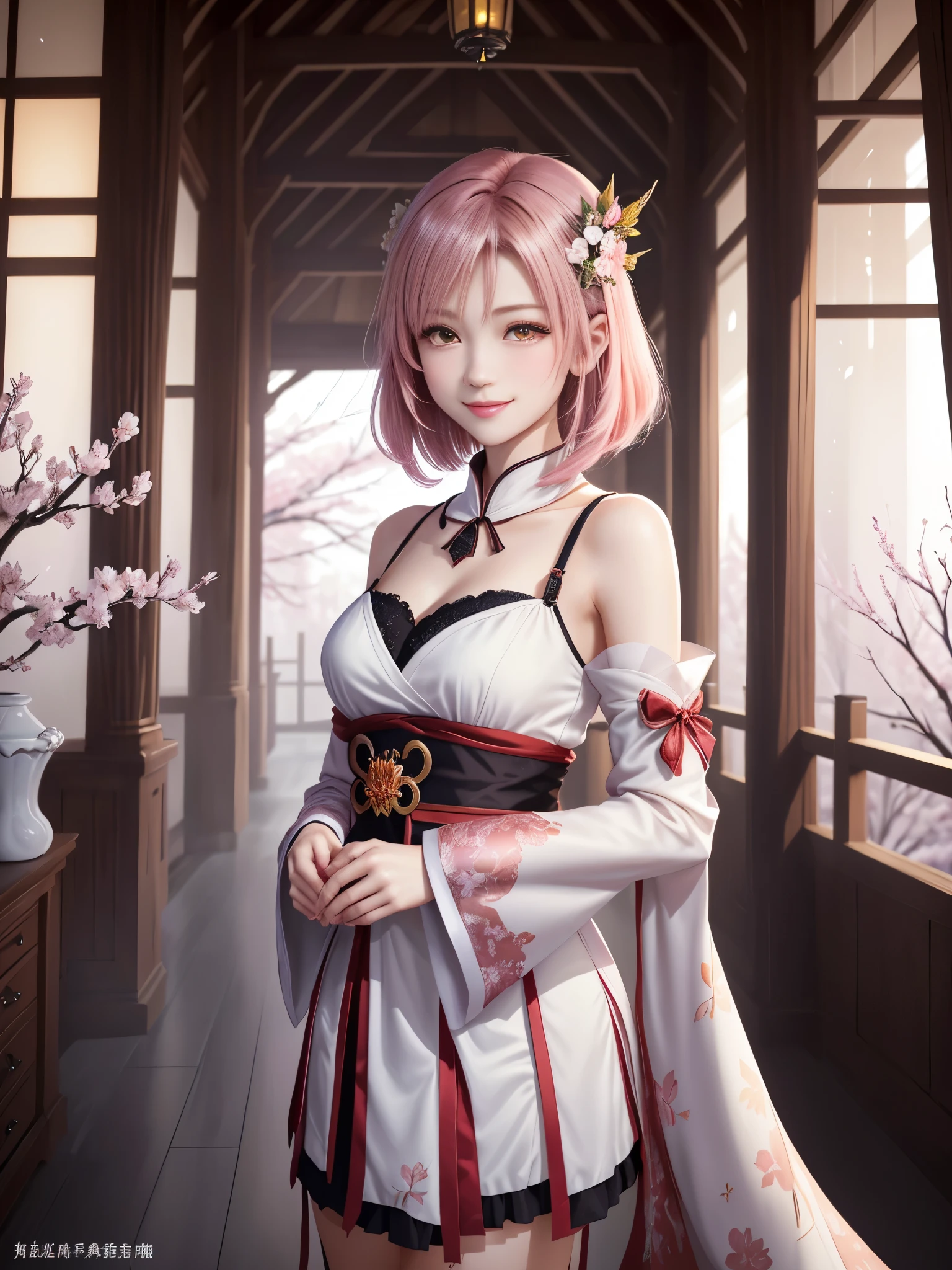 masterpiece , best quality,smile,smile,small face,shoulder exposure,less cleavage exposure,light pink hair,slender body shape,brown eyes,sharp contrast,short hair,Beautiful short hair,Berry Short,short cut hair,just one person,precision quality,Faithfully reproduced eyes, The surroundings are shining gold,一面に咲くcherry blossom background,snow scene,masterpiece, 幻想的なcherry blossom background,night,nightの背景,cherry blossom background,beautiful details, colorful, delicate details, delicate lips, intricate details, genuine, ultrargenuineista, 枝に座っている色とりどりの髪のFoxを持つ女の子:Mature, bright eyes, ,色とりどりのFox, raposa de nine tails, 三尾Fox, 三尾Fox, onmyoji detail art, beautiful fine art illustration, mythical creatures, Fox, beautiful digital art,shrine maiden,hold hands,exquisite digital illustration, mizutsune, Inspired by mythical wild web creatures, pixiv in digital art, shining light, high contrast, Mysterious,