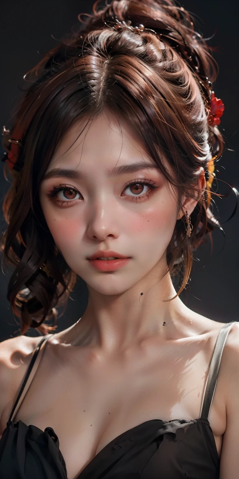 （close up，Editorial photo of a 17-year-old woman），（Highly detailed faces：1.4）（Smile：0.7）（dark、moody、Background in private study：1.3）POV，Filmed by Lee Jeffries，Nikon D850，film stock photograph，4 Kodak Portra 400，camera f1.6 shots，rich colors，Surreal，Realistic textures，dramatic lighting，cinestill 800，Reddish-brown hair，long hair，high ponytail hairstyle，red headdress，red eyes，red eyes，