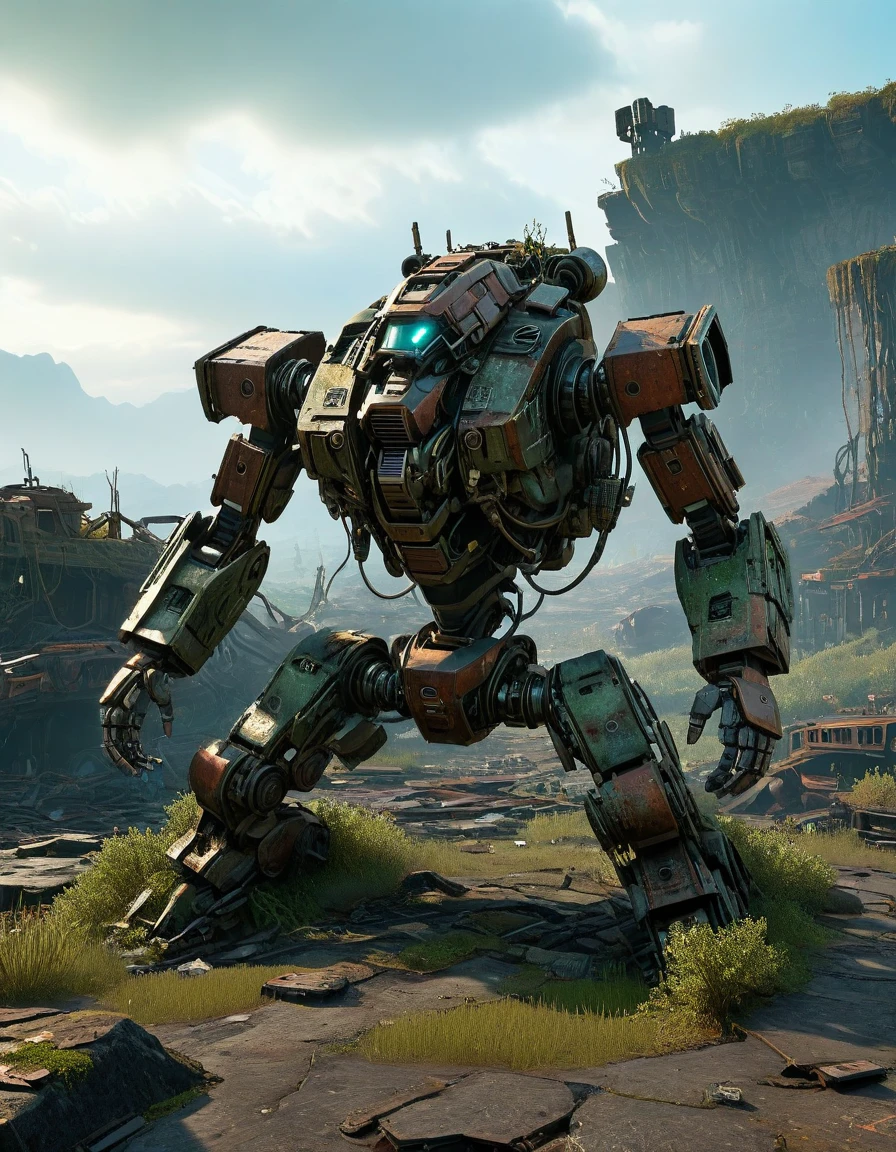 (full-body shot) , ((1 abandoned mecha lying on the ground,Covered in rust,covered with moss)), Wasteland,(Damaged rusty metal casing),(missing limbs:1.3),(Bare wires),Extinguished electronic eye,(Remains Cliff),Overgrown wasteland,(Broken gears and metal pieces),broken glass,swaying weeds,tragic sunset,afterglow,Ruined world background,(global illumination, Ray tracing, high dynamic range, Unreal rendering, Reasonable design, high detail, masterpiece, best quality, ultra high definition, light),3d style