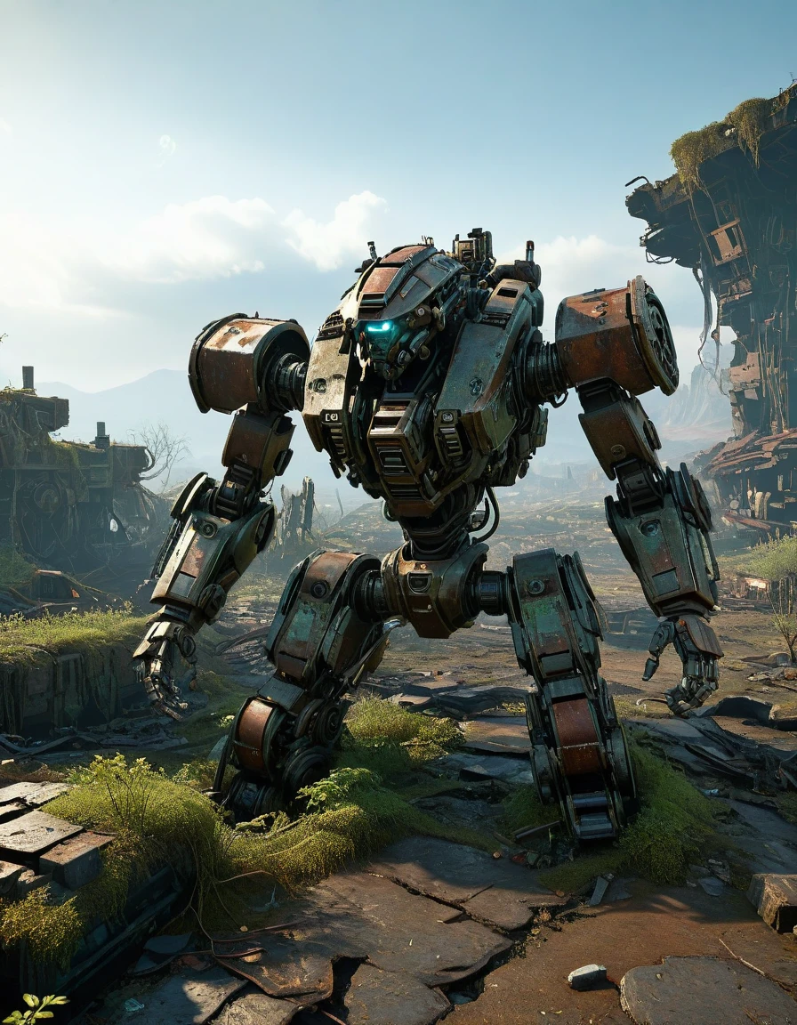 (full-body shot) , ((1 abandoned mecha lying on the ground,Covered in rust,covered with moss)), Wasteland,(Damaged rusty metal casing),(missing limbs:1.3),(Bare wires),Extinguished electronic eye,(Remains Cliff),Overgrown wasteland,(Broken gears and metal pieces),broken glass,swaying weeds,tragic sunset,afterglow,Ruined world background,(global illumination, Ray tracing, high dynamic range, Unreal rendering, Reasonable design, high detail, masterpiece, best quality, ultra high definition, light),3d style