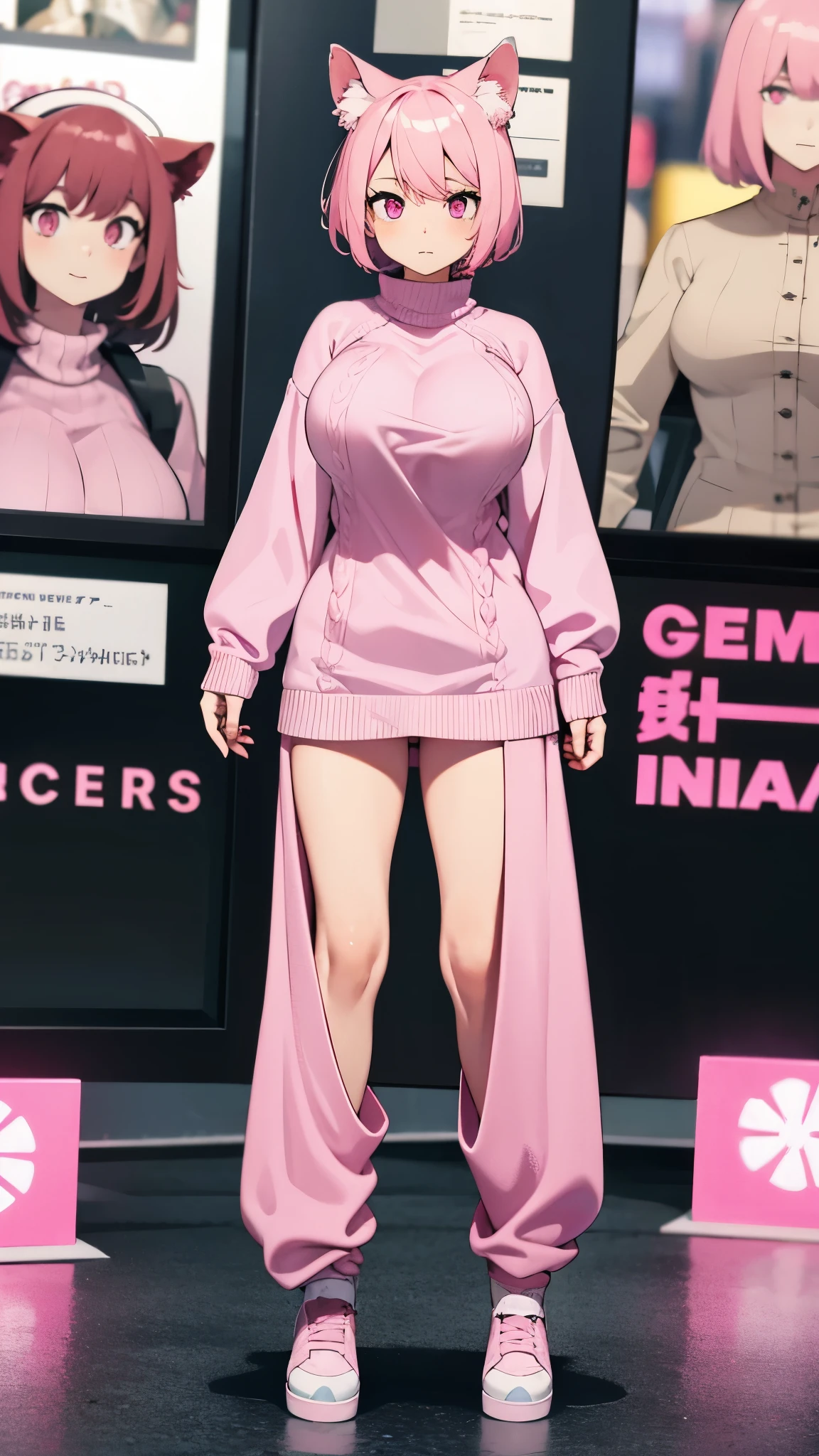 pink sweater, short hair, huge breast, pink eyes, pink hair, animal ear, standing, whole body, feet