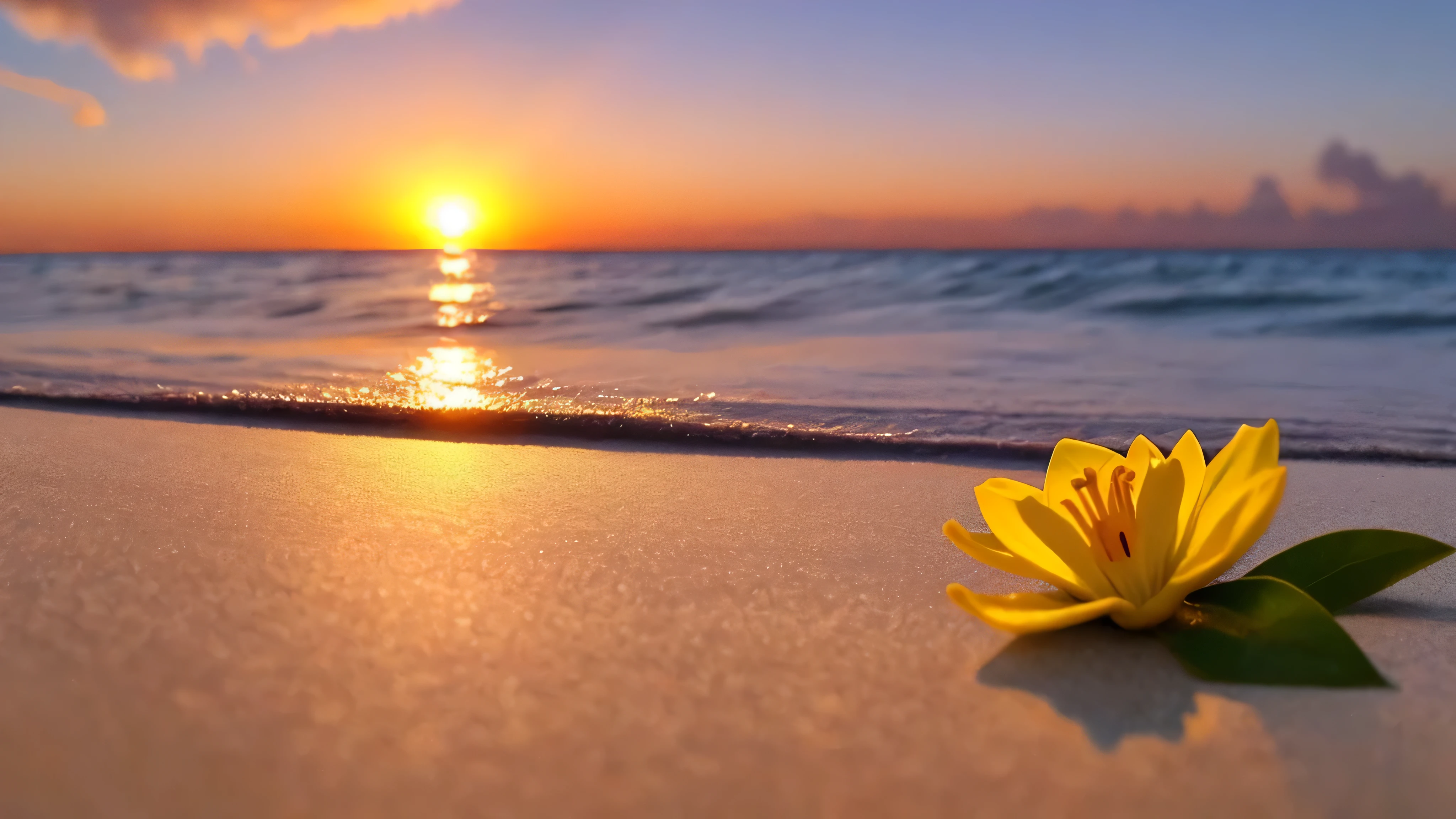Close-up shot, a jasmine flower, the background is the gorgeous sunset by the sea, real texture, warm