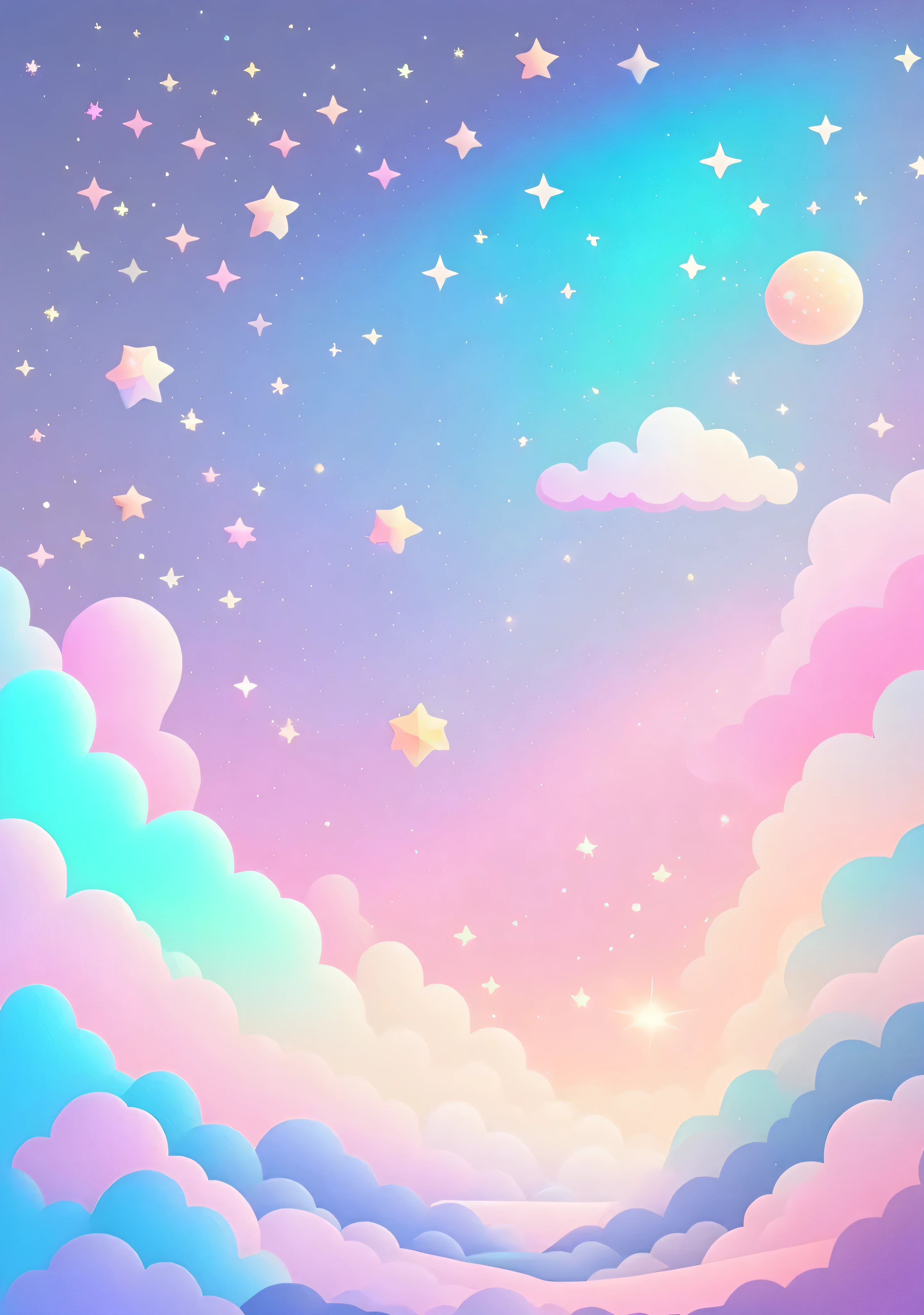 "cartoon illustration, sky in a gradient of pastel colors with twinkling stars. Immerse yourself in a mystical world full of magical elements (weighted at 0.9).