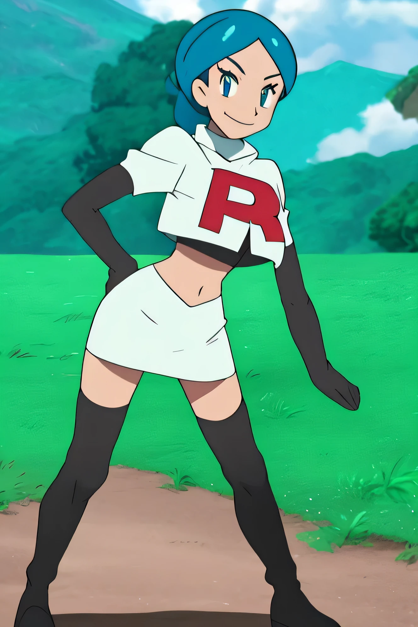 view of the valley, with grass, team rocket uniform, red letter r, white skirt,white crop top,black thigh-high boots, black elbow gloves, evil smile, looking at viewer, hands on hips