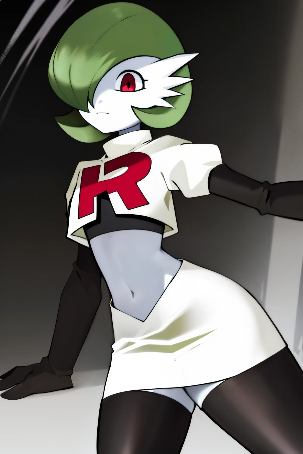 masterpiece, best_quality, 1girl, solo, gardevoir, creatures \(company\), game freak, nintendo, pokemon, pokemon \(game\), bangs, colored skin, female focus, gen 3 pokemon, green hair, green skin, hair over one eye, multicolored skin, pokemon \(creature\), red eyes, short hair, two-tone skin, white skin, team rocket,team rocket uniform,white skirt,red letter R,crop top,black thigh-highs,black elbow gloves
