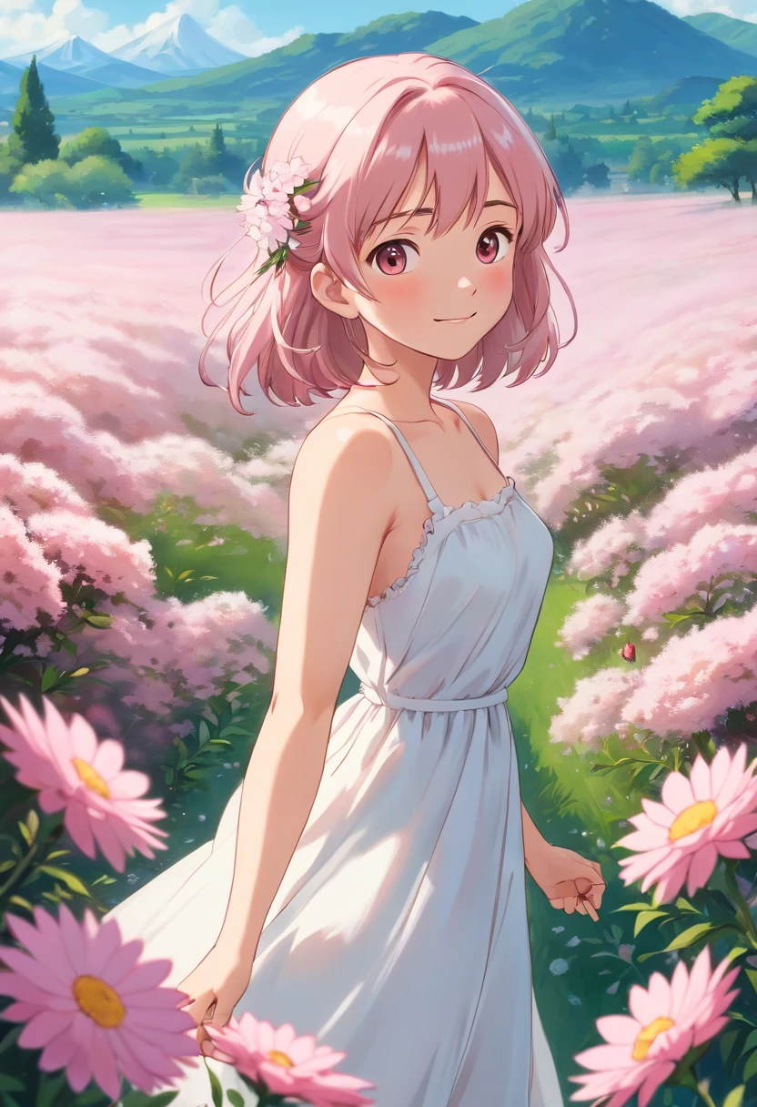 Best quality, masterpiece, ultra high resolution (photorealistic: 1.4), raw photo, 1 girl, white dress, bare shoulders, field of pink flowers in bloom, glowing skin, slight smile