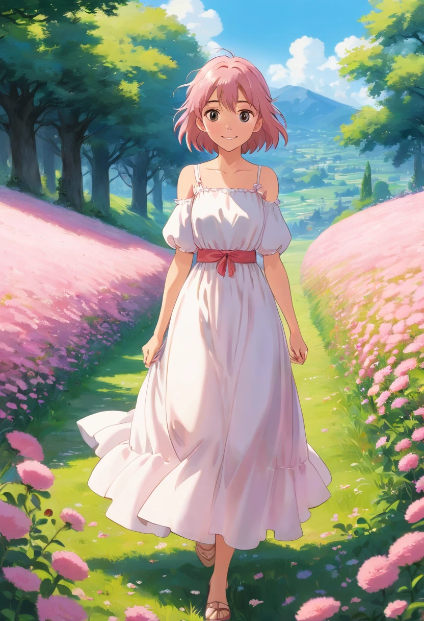 Best quality, masterpiece, ultra high resolution (photorealistic: 1.4), raw photo, 1 girl, white dress, bare shoulders, field of pink flowers in bloom, glowing skin, slight smile