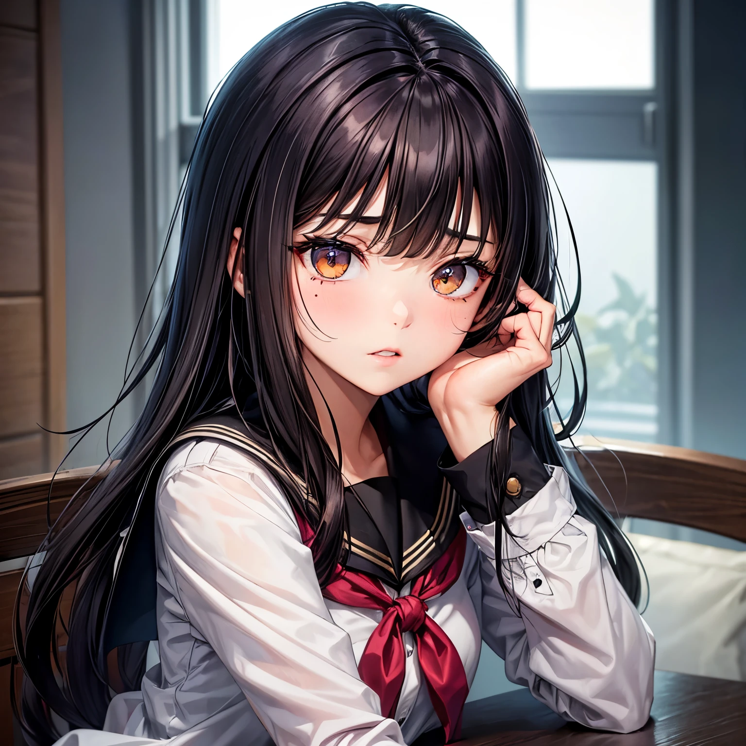 Beautiful young woman, golden eyes, gorgeous face, (detailed face: 1.4), whole body,Sit on the chair ,Girl trembling with sexual climax,Browsing Caution