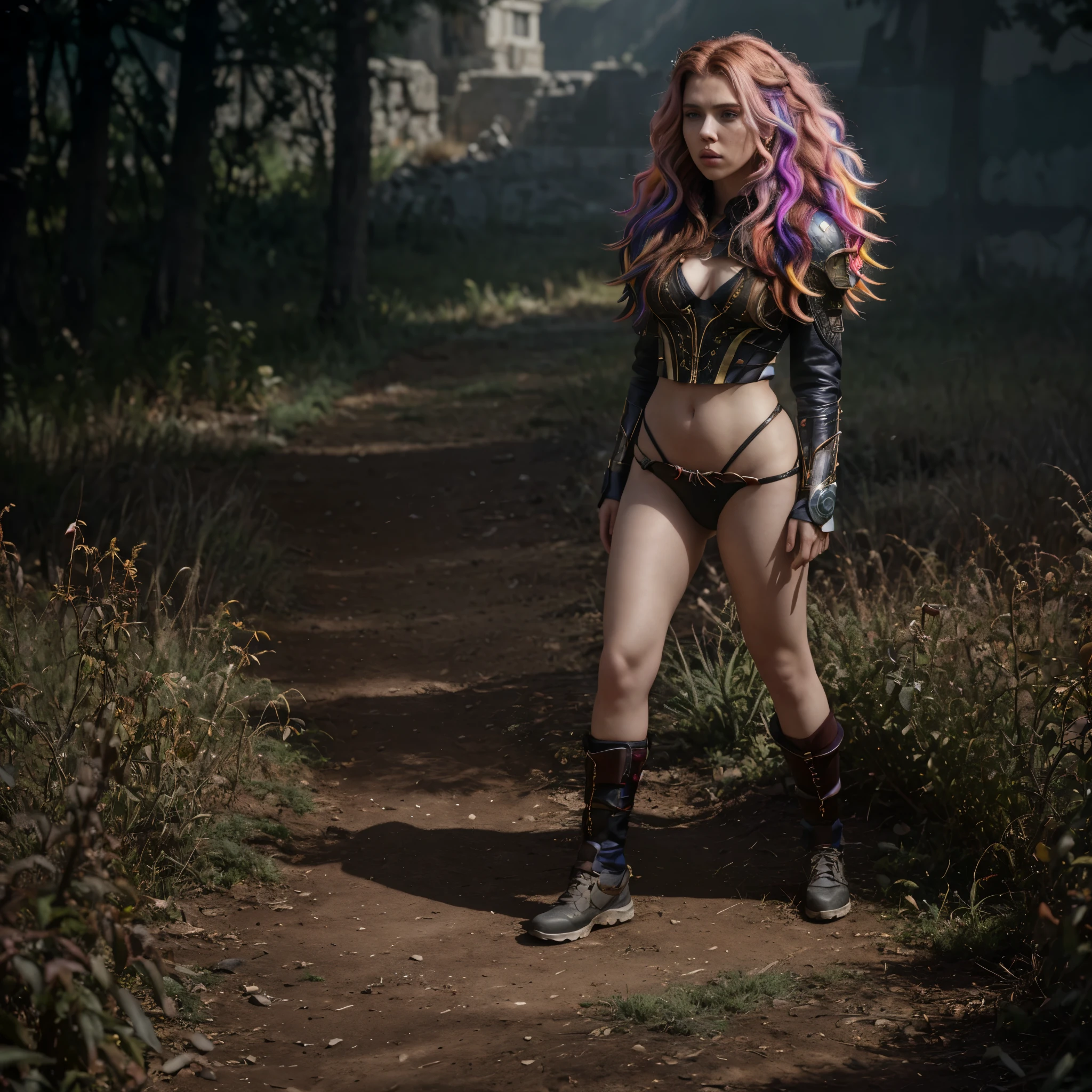 (masterpiece:1.1), (highest quality:1.1), (HDR:1.0), Scarlett Johansson with really wild hair, mane, multicolored hairlighting, full body(from front:0.6)
, detailed, realistic, 8k uhd, high quality