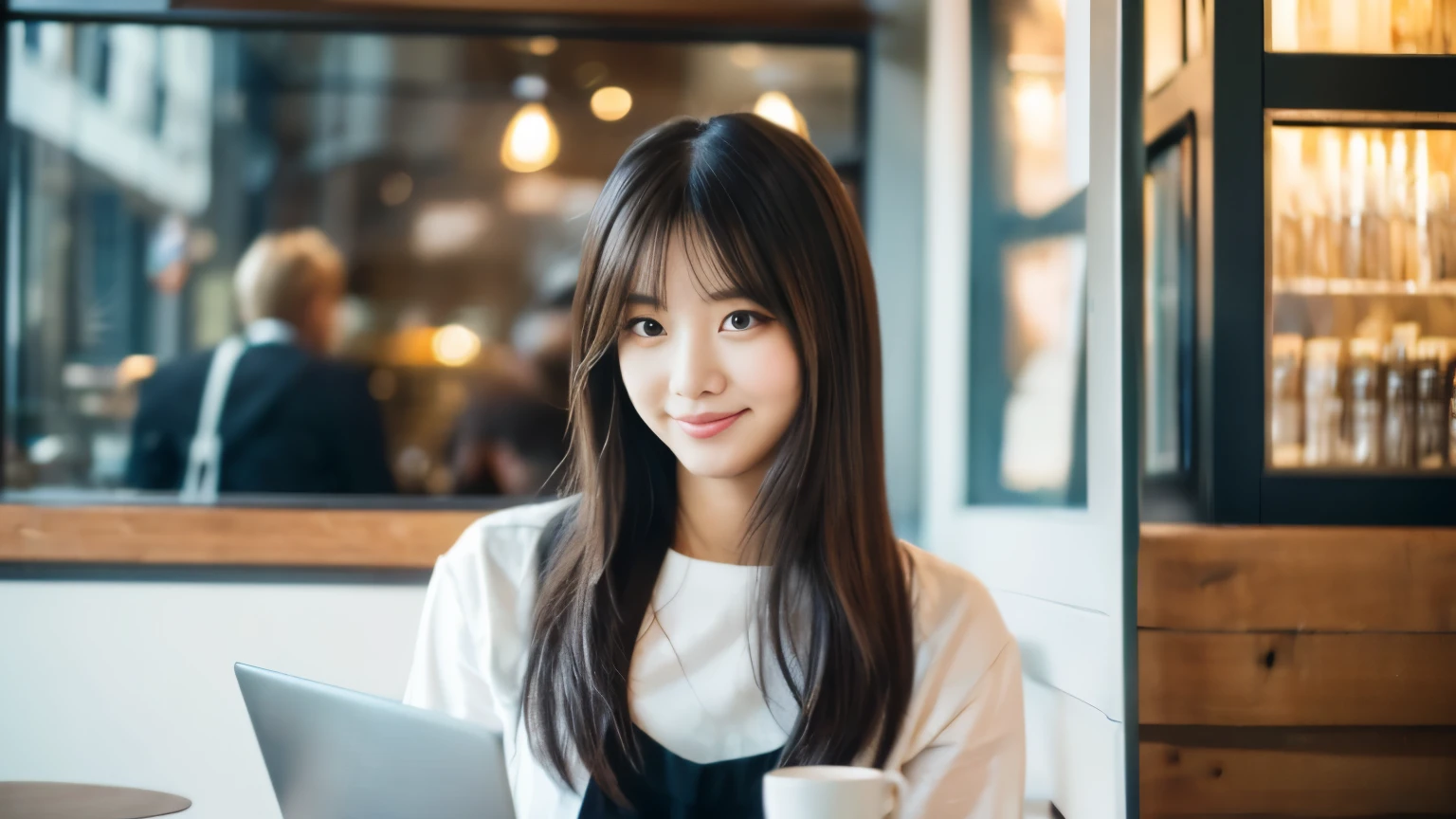 ((最high quality, 8k, masterpiece: 1.3)), perfect face, Inside a stylish cafe in New York、The season is spring,A scene where a beautiful woman like a model is drinking a latte and studying on a laptop.,everything around you, I see other customers enjoying themselves.。At the back of the cafe、Staff are busy working at the counter.、You can feel the vibrancy and stylish luxury of a city cafe.., sharp focus, 1 girl, sexy 1.2, , (big: 1.5), fine eyes, Beautiful eyes with slit length, double eyelid, (cat face), (cute Face), cute Smile, (close your mouth), (cute), soft skin, show the whole body, surreal, Super detailed, high quality, (Beautiful female college student studying in a cafe), ((詳細な非常にcute女子大生)), ((胸は隠れているけど服の上から解るぐらいbig胸)),Gaze at your boyfriend,Refreshing outfits that feel like spring