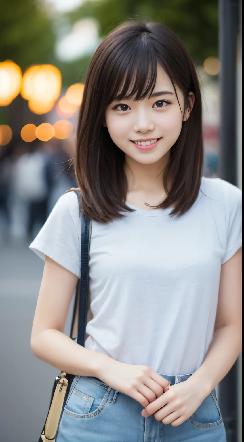 最high quality, table top, High resolution,18 years old wearing white camisole, 1 girl,very beautiful face,(Ultra-high definition image of an extremely beautiful face)(White camisole、No panties)hair ornaments,, gem diamond,realistic, New York night view、blur the background、,full body image,(high definition skin:1.2),Looking at camera with a smile,full body image 8K UHD, Digital single-lens reflex camera, in the soft and bright sunlight,high quality, volume lighting, Frank, photograph, High resolution,full body image,4K、Japanese college student、A sloppy smile、stand up straight、((((upper body photo)))),one person,short hair style、camisole