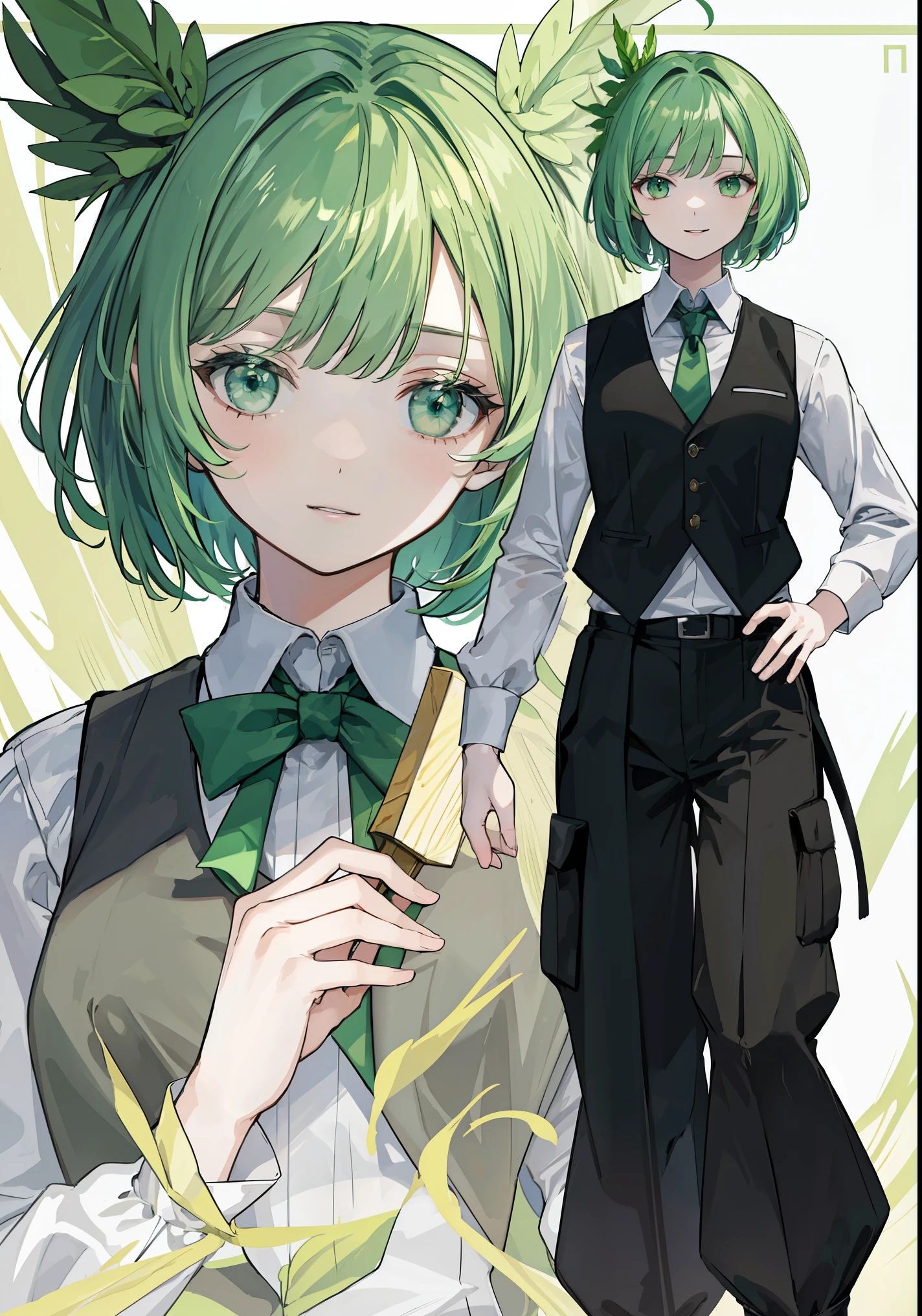 (fantasy:1.4), (anime), ((Highly detailed 8K illustrations)), High resolution, (Highly detailed and beautiful background), Super precise painting, professional illustration, Super precise depiction, Super detailed depiction, (beautiful and aesthetic:1.2), HDR, (Depth of the bounds written:1.4), (girl), (bad no tabi), (bad \(bad no tabi\)), Little, big green ribbon on head、Big Ahoge、green hair, green eyes, kind, small breasts, short hair, green uniform、black vest, black long pants,tie, , white shirt, smile, character focus, panty shot,