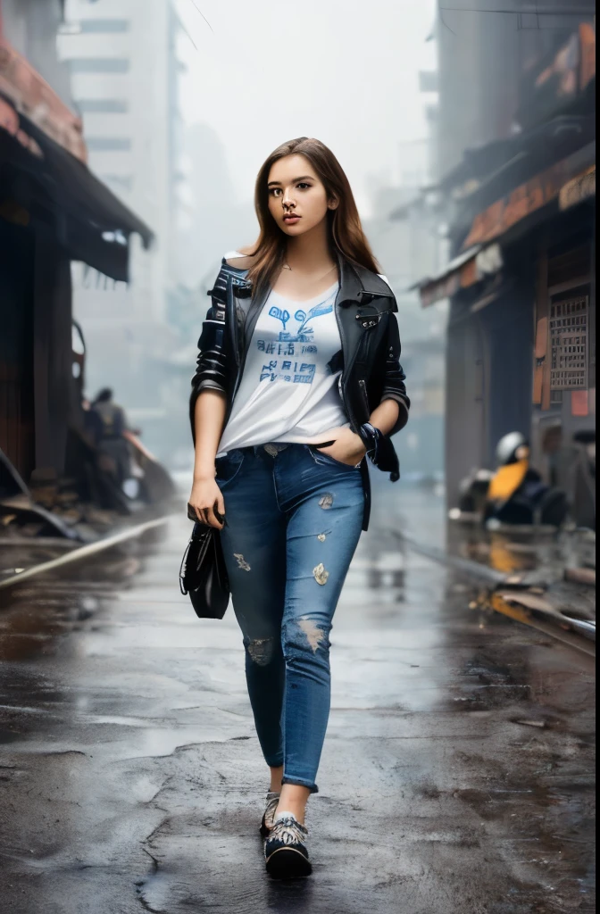 photo of extremely sexy (AM190_Brigitte:0.99), Danielle Rose Russell as a sexy student, ((full body portrait:1.3)), modelshoot style, (extremely detailed CG unity 8k wallpaper), photo of the most beautiful artwork in the world, professional majestic oil painting by Ed Blinkey, Atey Ghailan, Studio Ghibli, by Jeremy Mann, Greg Manchess, Antonio Moro, trending on ArtStation, trending on CGSociety, Intricate, High Detail, Sharp focus, dramatic, photorealistic painting art by midjourney and greg rutkowski, (blue t-shirt:1.2), (leather jacket), (jeans), ((city slums)), (looking at viewer:1.2), (detailed pupils:1.3),
