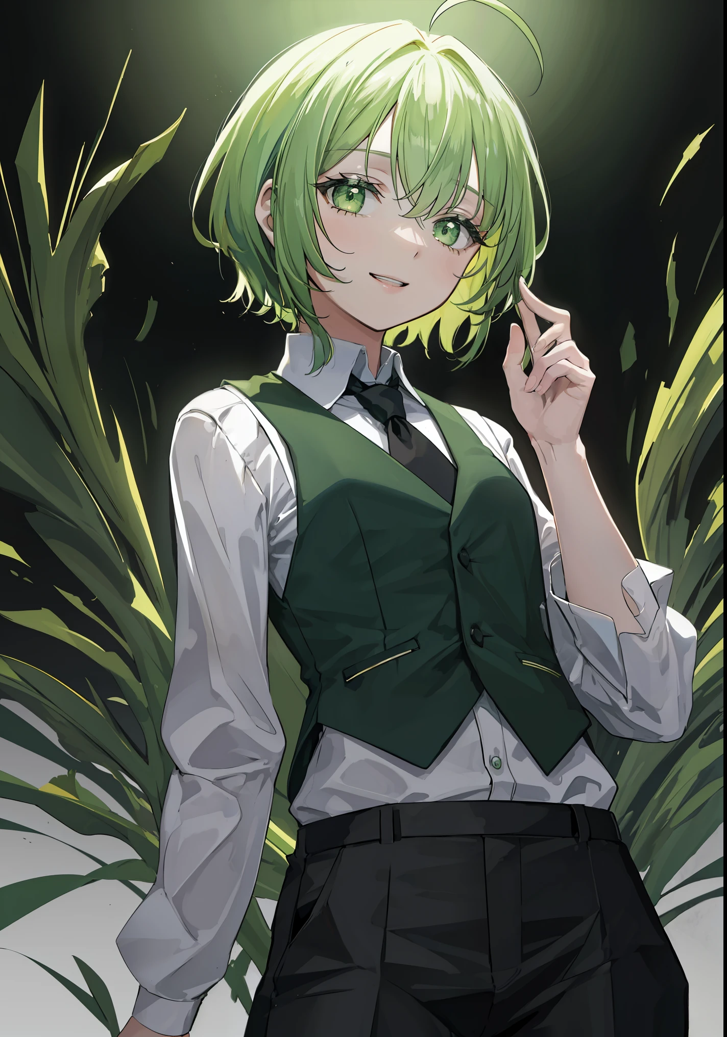 (fantasy:1.4), (anime), ((Highly detailed 8K illustrations)), High resolution, (Highly detailed and beautiful background), Super precise painting, professional illustration, Super precise depiction, Super detailed depiction, (beautiful and aesthetic:1.2), HDR, (Depth of the bounds written:1.4), (girl), (bad no tabi), (bad \(bad no tabi\)), Little, big green ribbon on head、Big Ahoge、green hair, green eyes, kind, small breasts, short hair, green uniform、black vest, black long pants,tie, , white shirt,  smile, character focus, panty shot,