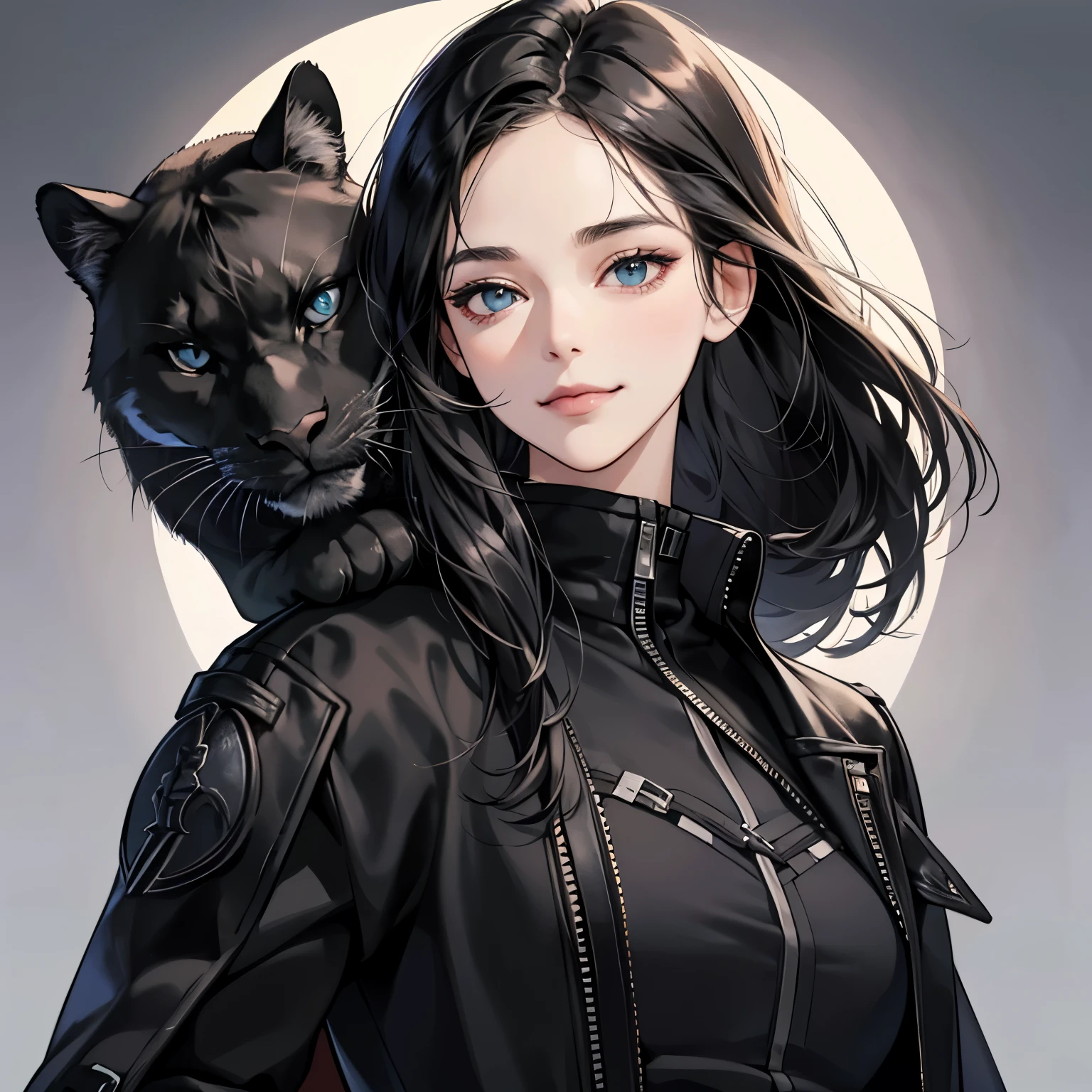 (table top, digital art, digital illustration, 4K, 8K, super detailed, beautiful images, clear image, realistic, RAW photo, perfect face, perfect lines, perfect eyes, soft lighting) ,1 female, (long black hair,parted bangs、bullish look,beautiful woman,closed mouth,smirk,Mature,(slender,),23 year old female,:1.3),He is wearing a black rider's jacket and is kissing a black panther.