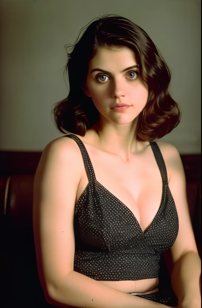 (full body, editorial photograph of a 20 yo Alexandra Daddario from the 1940's), (highly detailed face:1.4) (smile:0.7) (background inside dark, moody, private study:1.3) POV, by lee jeffries, nikon d850, film stock photograph ,4 kodak portra 400 ,camera f1.6 lens ,rich colors ,hyper realistic ,lifelike texture, dramatic lighting , cinestill 800,