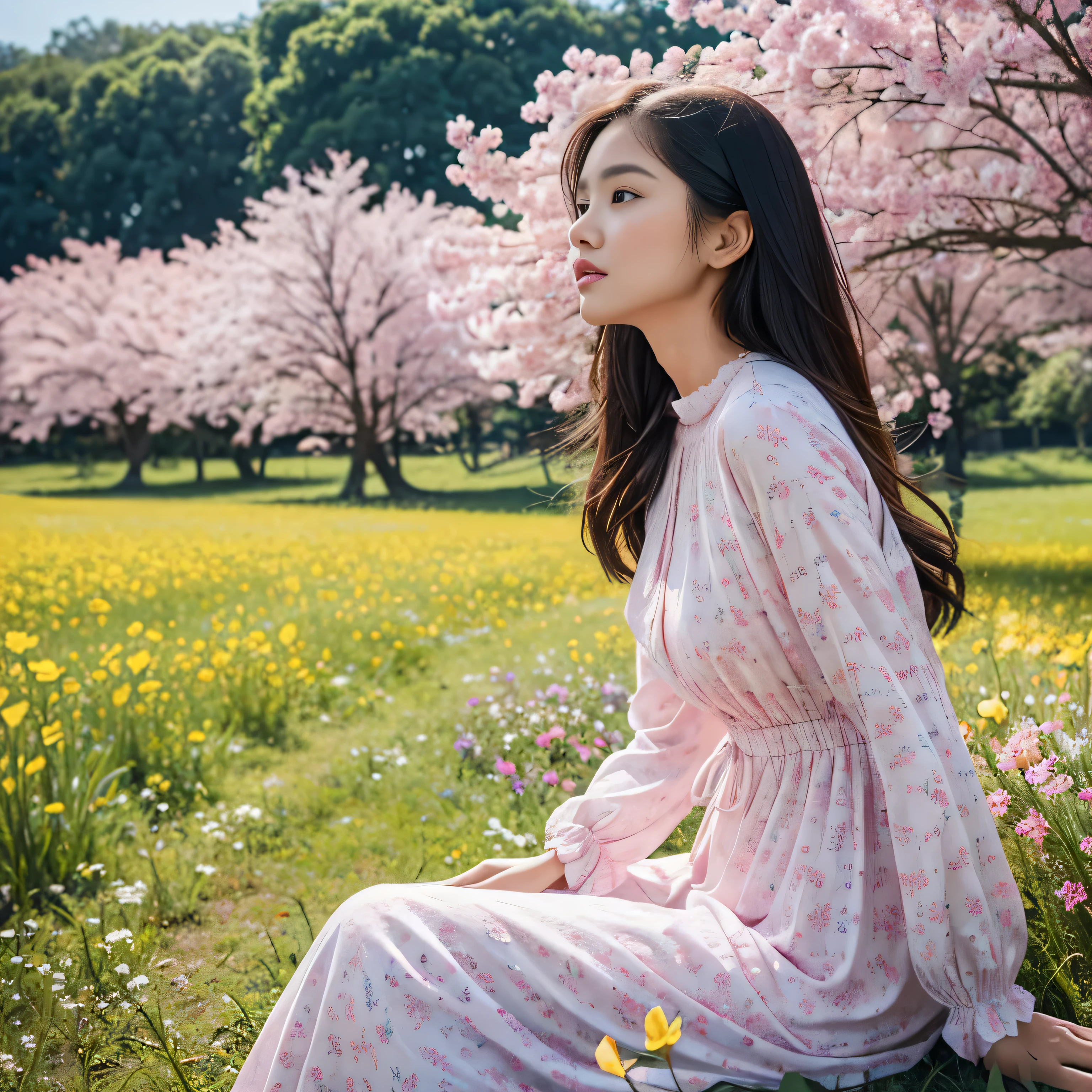 TYPE : Beauty Photography
THEME : natural
RACE : Indonesian, young
PERSON 1 : Early 20s, woman
SCENE : outdoor , sitting in the middle of a field of very tall and beautiful flower field, side view , full filled with tall flower field, creating an beauty atmosphere , wind blowing effect, beautiful expression , graceful pose .
PROPS: : fields of tall flower field, blue sky , wearing soft pink patterned long dress, wind blow
CAMERA : photographed using an Canon eos 90d DSLR camera with 18-135mm lens , detail skin texture , detailed face , close up , low exposure
ANGLE : High Dynamic Range (HDR) shot