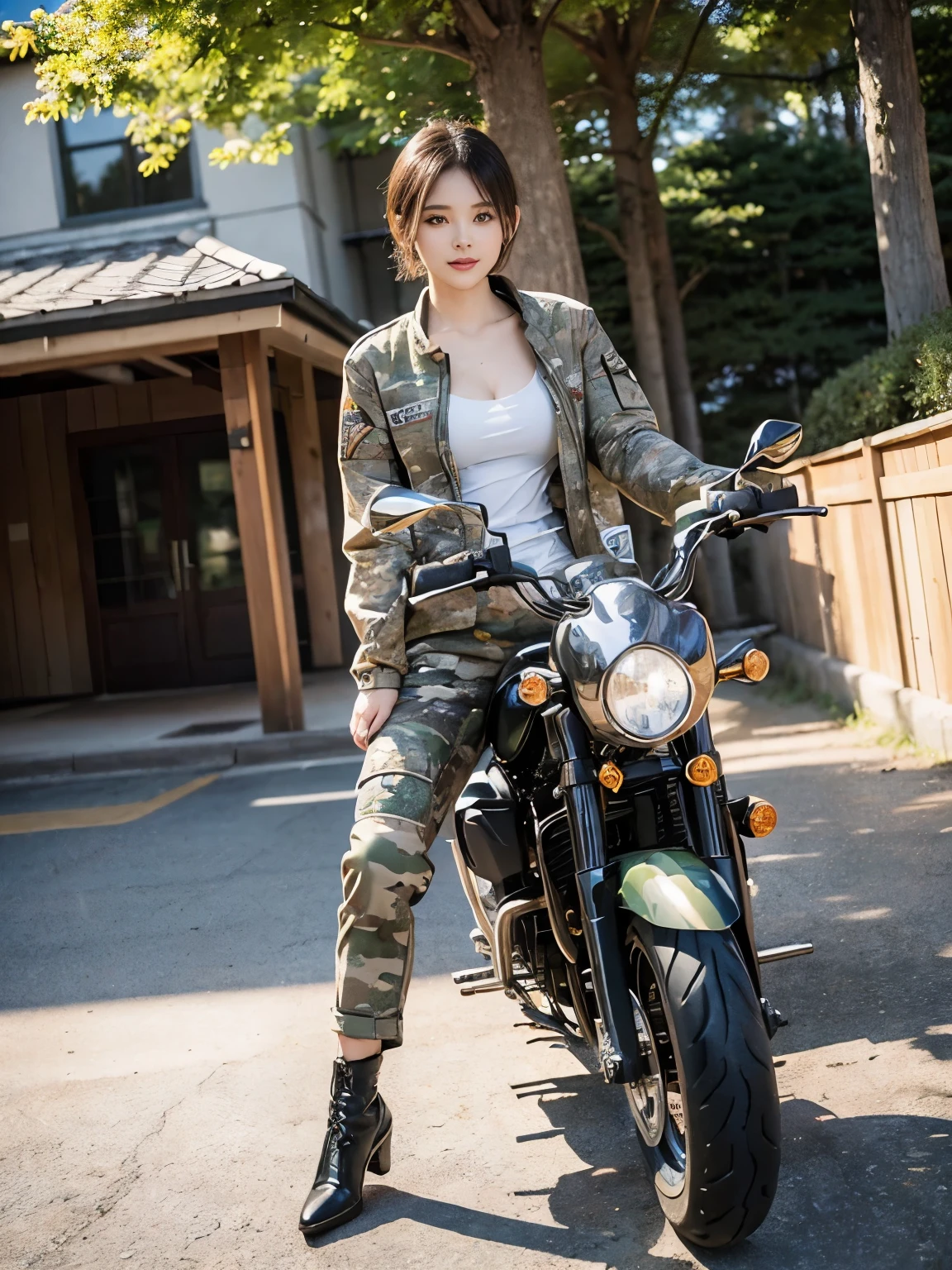 (realistic:1.5), 8k, Super delicate beauty, (a sunny day:1.5), intricate bike details (highest quality: 1.0), (Super high sharpness: 1.0),（Beautiful and delicate depiction of eyes）,(((Beautiful woman riding motorcycle))),unreal engine:1.4,photorealistic:1.4, skin texture:1.4, masterpiece:1.8, smile、long legs、((full body shot))、((Camouflage jacket and baggy pants))、short hair