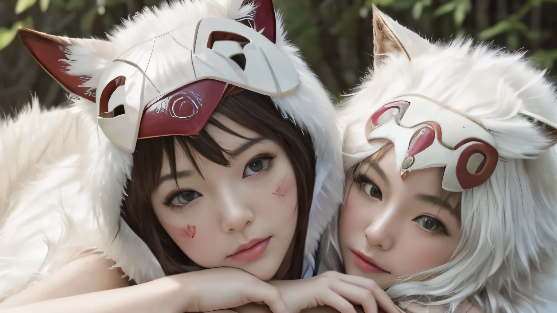 (software),(realism, ultrarealism,masterpiece, highest quality, 小型be familiar with), 1 girl, Wild Girl, glamor close up shot (From above) of beautiful (Princess Mononoke) liar (Next to the wolf), (hugging a white fluffy wolf), surrounded by leaves, fluffy, pixie cut, extremely short hair,( big breasts, upright ), Take-up, strict, be familiar with, (realistic, photograph), blurred background, soft focus, face focus, dramatic light, atmospheric photography, be familiar withな美しい顔, be familiar with pupil, be familiar with the iris of the eye, be familiar withなふっくらそしてした唇, sharp focus, (Student accent), cute face, close-up portrait, bestseller, Pupil glare and reflection,Kanna Hashimoto、perfect body,(Lie:1.3)