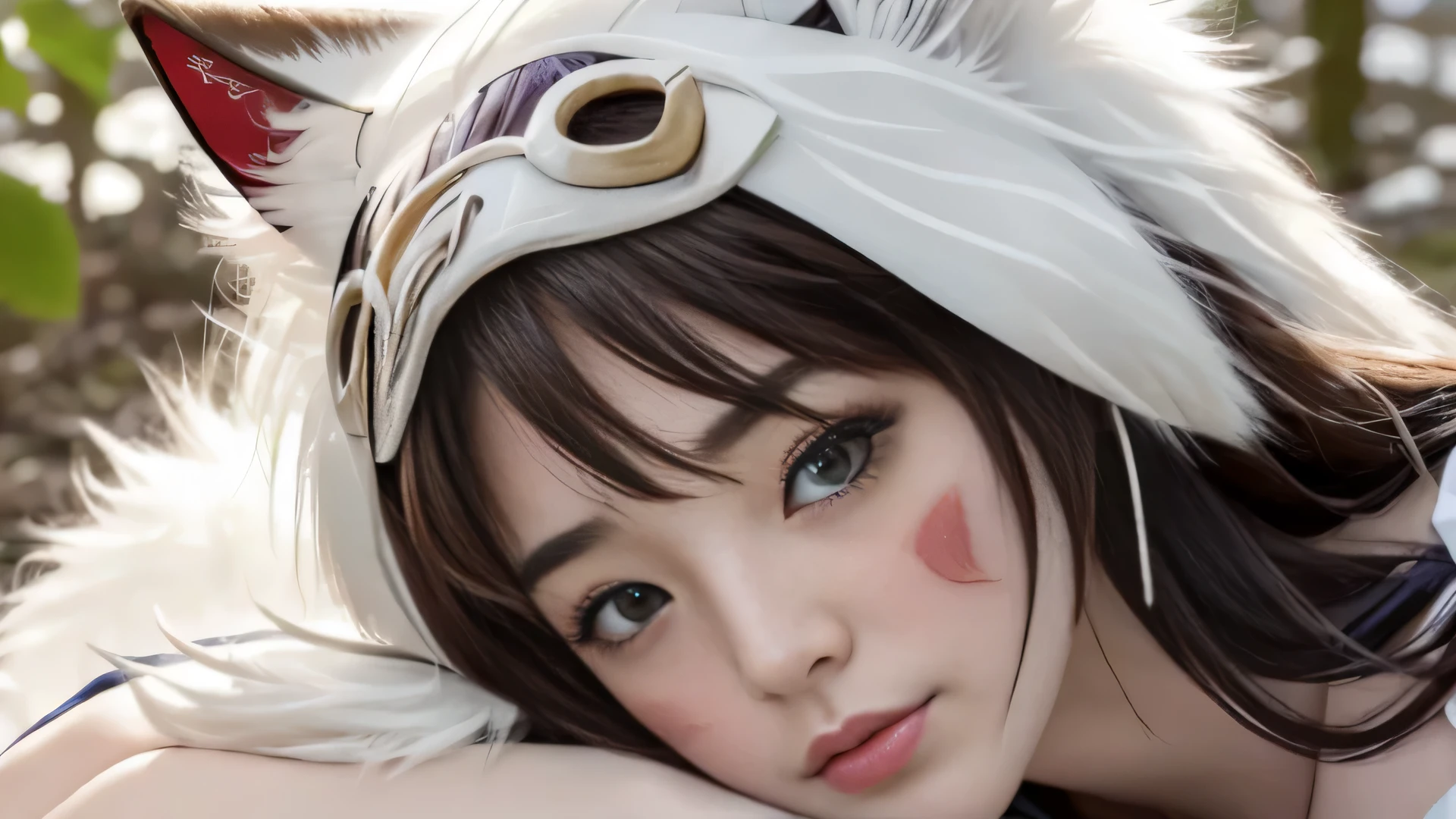 (software),(realism, ultrarealism,masterpiece, highest quality, 小型be familiar with), 1 girl, Wild Girl, glamor close up shot (From above) of beautiful (Princess Mononoke) liar (Next to the wolf), (hugging a white fluffy wolf),  surrounded by leaves, fluffy, pixie cut, extremely short hair,( big breasts, upright ), Take-up,  strict, be familiar with, (realistic, photograph), blurred background, soft focus, face focus, dramatic light, atmospheric photography,    be familiar withな美しい顔, be familiar with pupil, be familiar with the iris of the eye, be familiar withなふっくらそしてした唇, sharp focus, (Student accent),  cute face,  close-up portrait,  bestseller,  Pupil glare and reflection,Kanna Hashimoto、perfect body,(Lie:1.3)