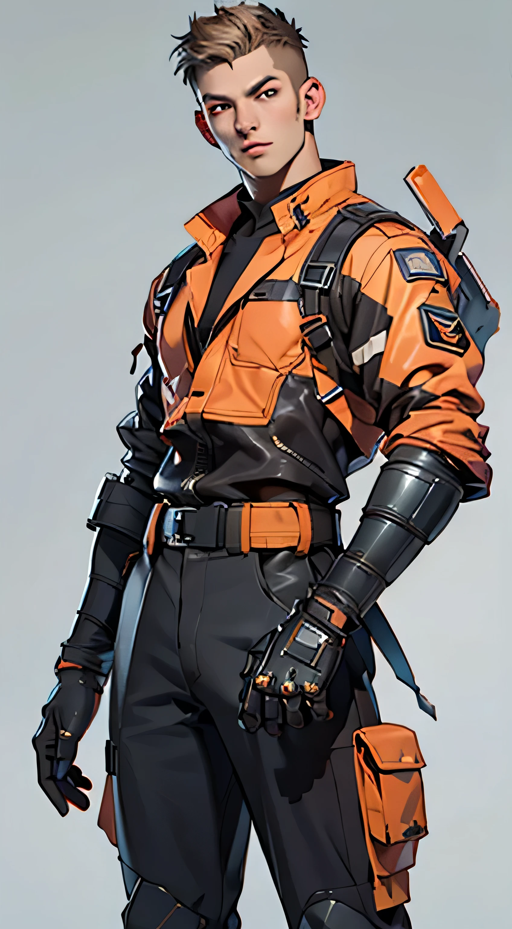 11:23(((best quality: 1.4))),(Unparalleled masterpiece), (Ultra high quality),(Hyper-realistic 8K CG)、(light color short hair),(Cross your waist with one hand),(Tech mech), ((( Body))), (((1 male))), 25-year-old American soldier with perfect Body,,Beautiful and well groomed face,muscular Body:1.2, (Pictures from head to thighs), Complex equipment, Tachibana,trousers,The clothes inside are dark,Clothes with armored metal electronic parts