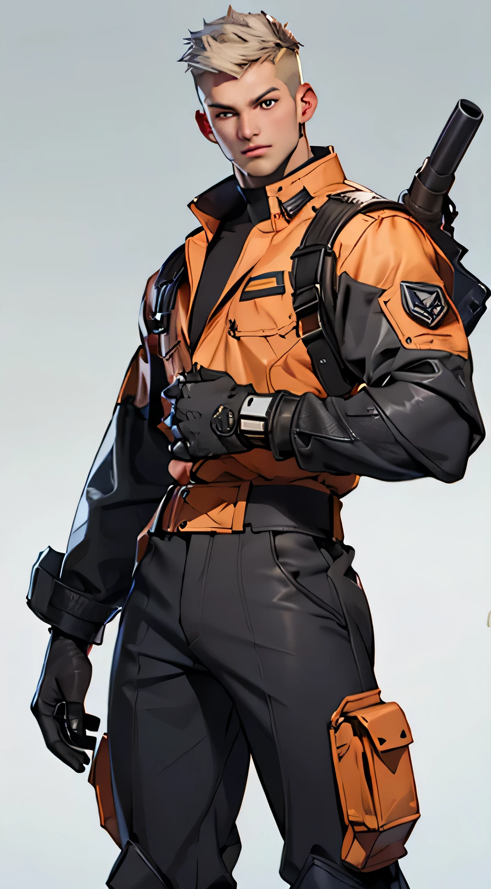 11:23(((best quality: 1.4))),(Unparalleled masterpiece), (Ultra high quality),(Hyper-realistic 8K CG)、（light color short hair），（Cross your waist with one hand），（Tech mech）， ((( Body))), (((1 male))), 25-year-old American soldier with perfect Body,,Beautiful and well groomed face,muscular Body:1.2, (Pictures from head to thighs)， Complex equipment, Tachibana，trousers，The clothes inside are dark，Clothes with armored metal electronic parts