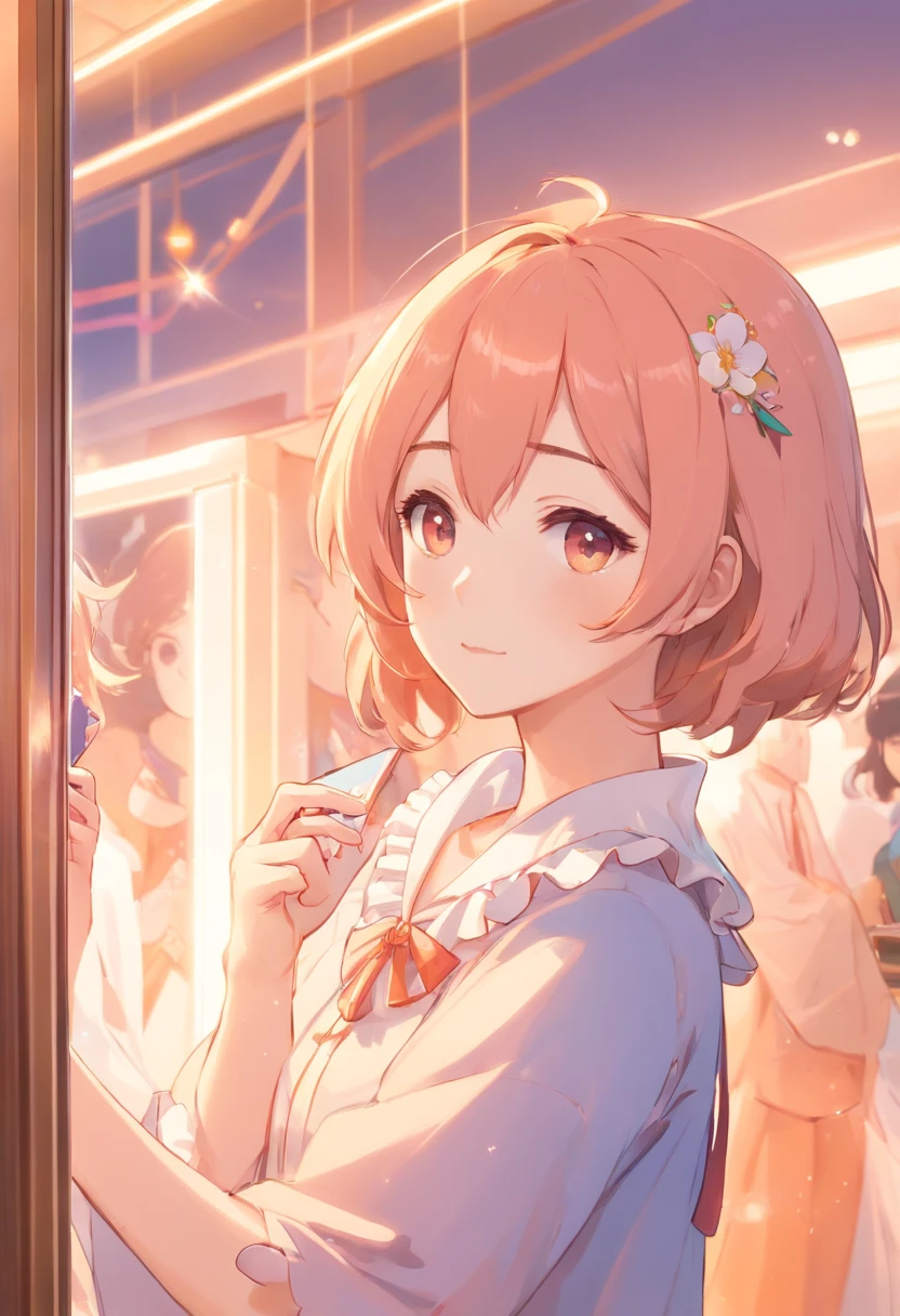 there is a woman that is taking a selfie in a mirror, ulzzangs, shell collar!!l, frilled blooming collar, Small floral costumes，chiho, shikamimi, white hime cut hairstyle, shinsui ito, 2 0 2 0 fashion, 2263539546], sakimichan, peach and goma style