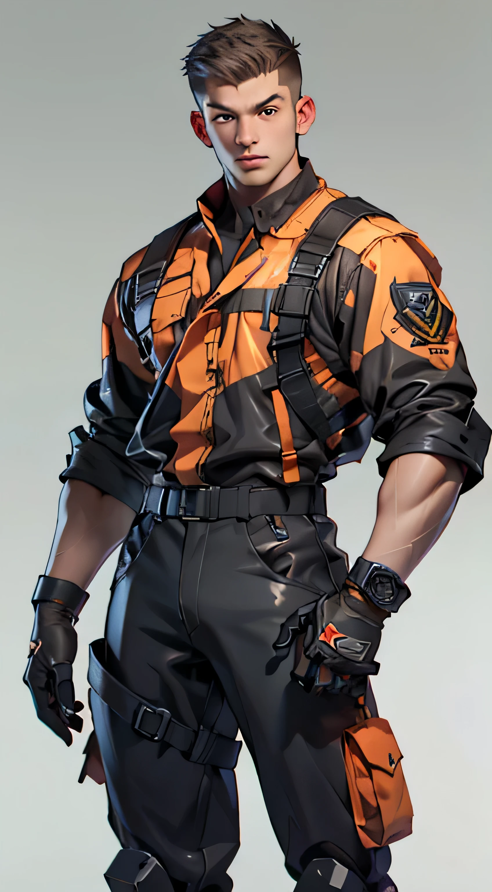 11:23(((best quality: 1.4))),(Unparalleled masterpiece), (Ultra high quality),(Hyper-realistic 8K CG)、(light color short hair),(Cross your waist with one hand),(Tech mech), ((( Body))), (((1 male))), 25-year-old American soldier with perfect Body,,Beautiful and well groomed face,muscular Body:1.2, (Pictures from head to thighs), Complex equipment, Tachibana,trousers,The clothes inside are dark,Clothes with armored metal electronic parts