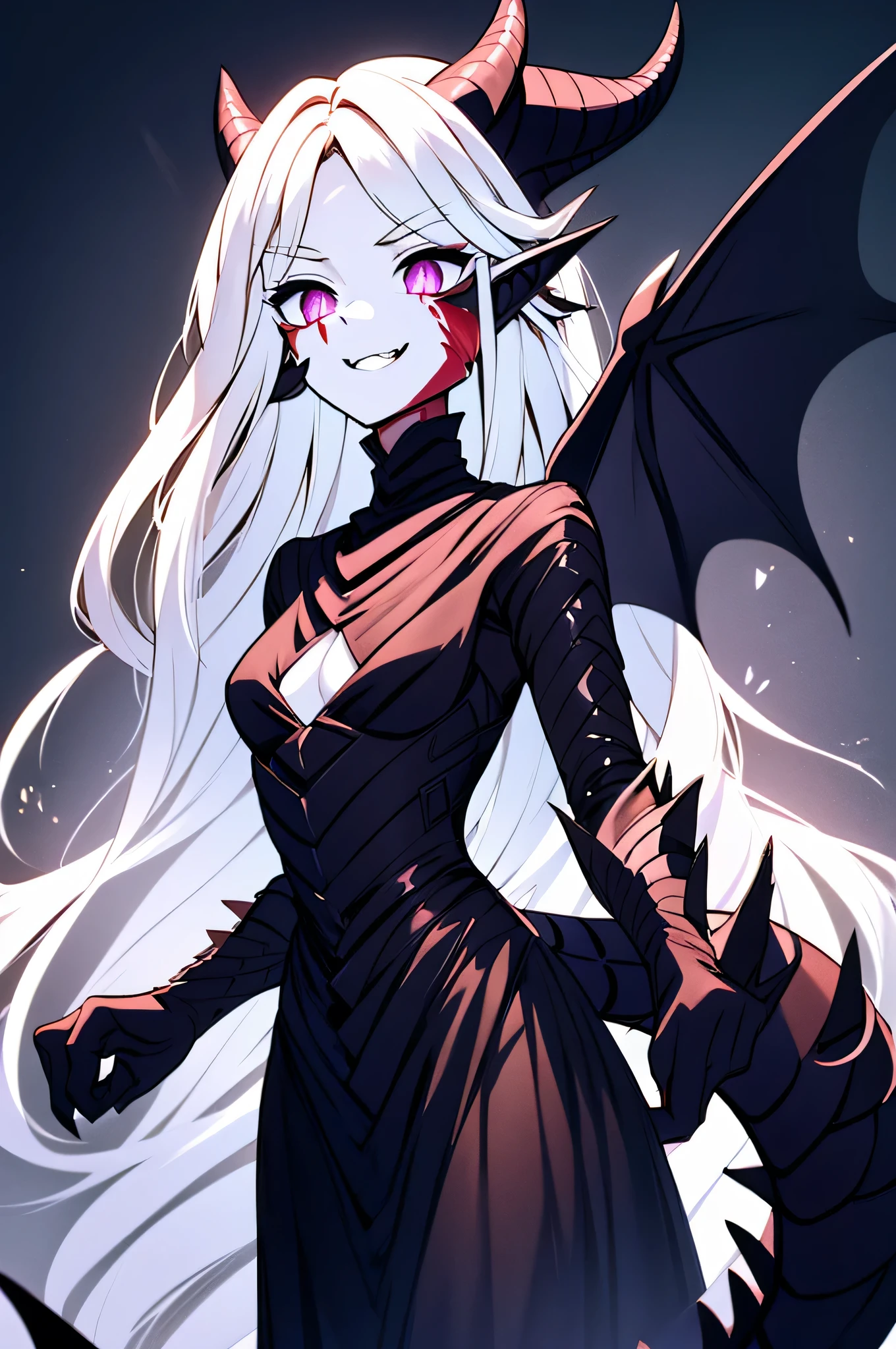 (best quality,4k,highres),((slender and tall)),(focus on face), 1 dragon woman, mature, menacing crazy glowing purple eyes with a black rim, eyes with black sclera, crazed murderous smile, open mouth smile, fangs, very long wavy white hair, ((blood on her face)),slender dragon hands and feet, 6 horns with 3 on each side, 2 wings, 1 tail, black dragon scales, long ornate gothic black dress, small-medium chest, adult, elf ears