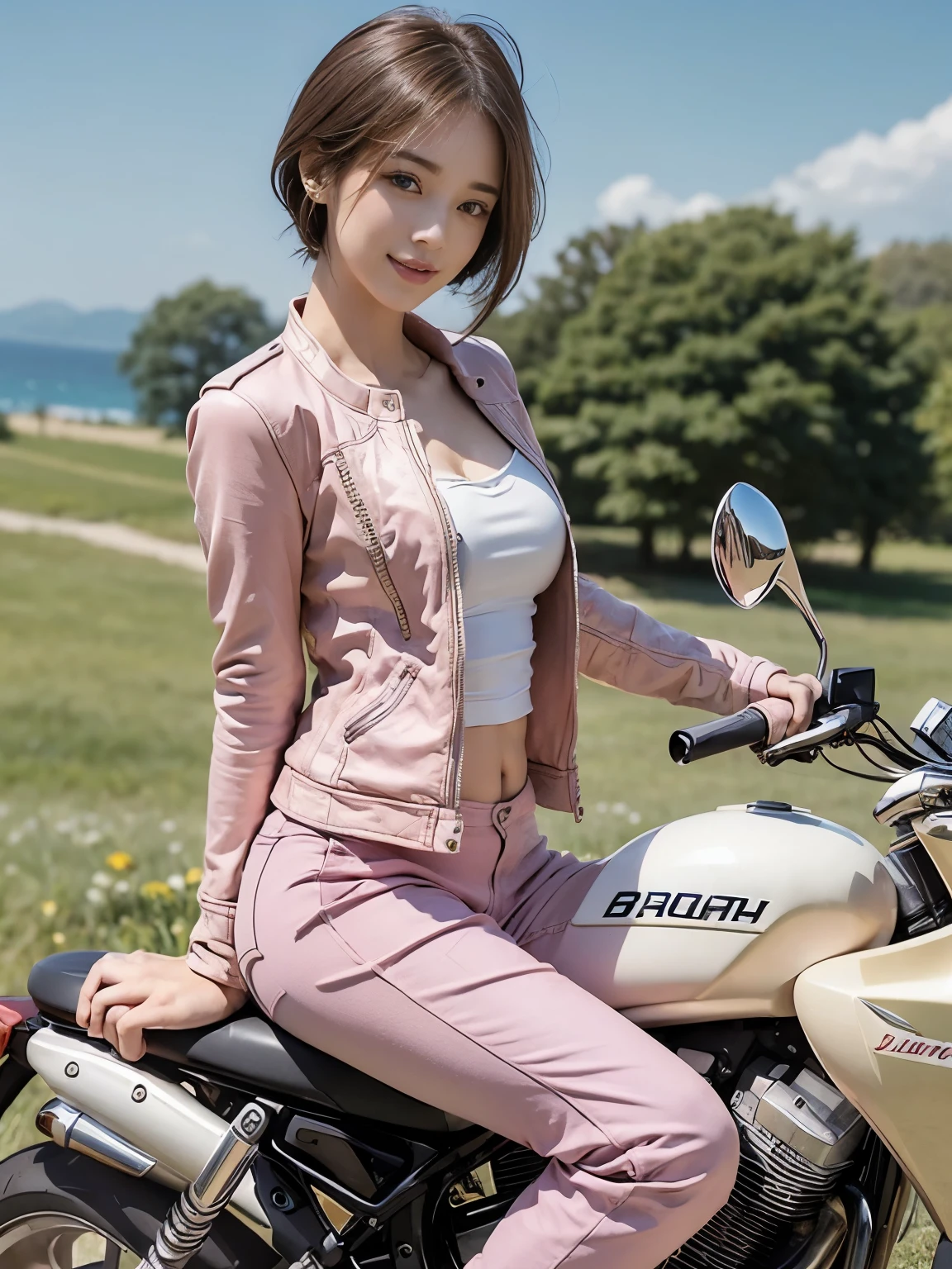 (realistic:1.5), 8k, Super delicate beauty, (a sunny day:1.5), intricate bike details (highest quality: 1.0), (Super high sharpness: 1.0),(Beautiful and delicate depiction of eyes),(((Beautiful woman riding motorcycle))),unreal engine:1.4,photorealistic:1.4, skin texture:1.4, masterpiece:1.8, smile、long legs、((full body shot))、((pink jacket and baggy pants))、short hair