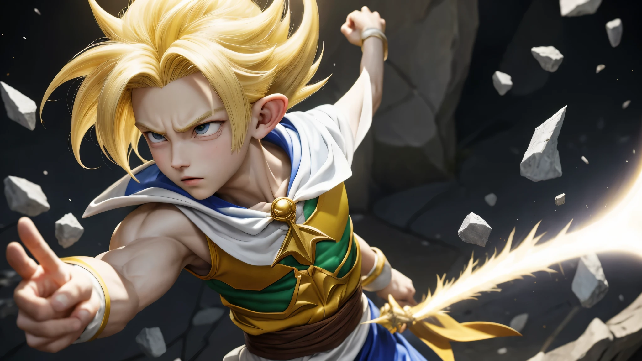(master piece), 8k, best quality, elf boy, naive, male, teenager, 14 years old, 1.70 meters tall, white skin, thin body, pointed elf ears, beautiful finely detailed silver eyes, high forehead, spiky yellow blonde hair like Gohan from the anime dragon ball (super sayajin), incredibly handsome, conservative elven outfit, fighting, action, throwing small salt stones at enemies,