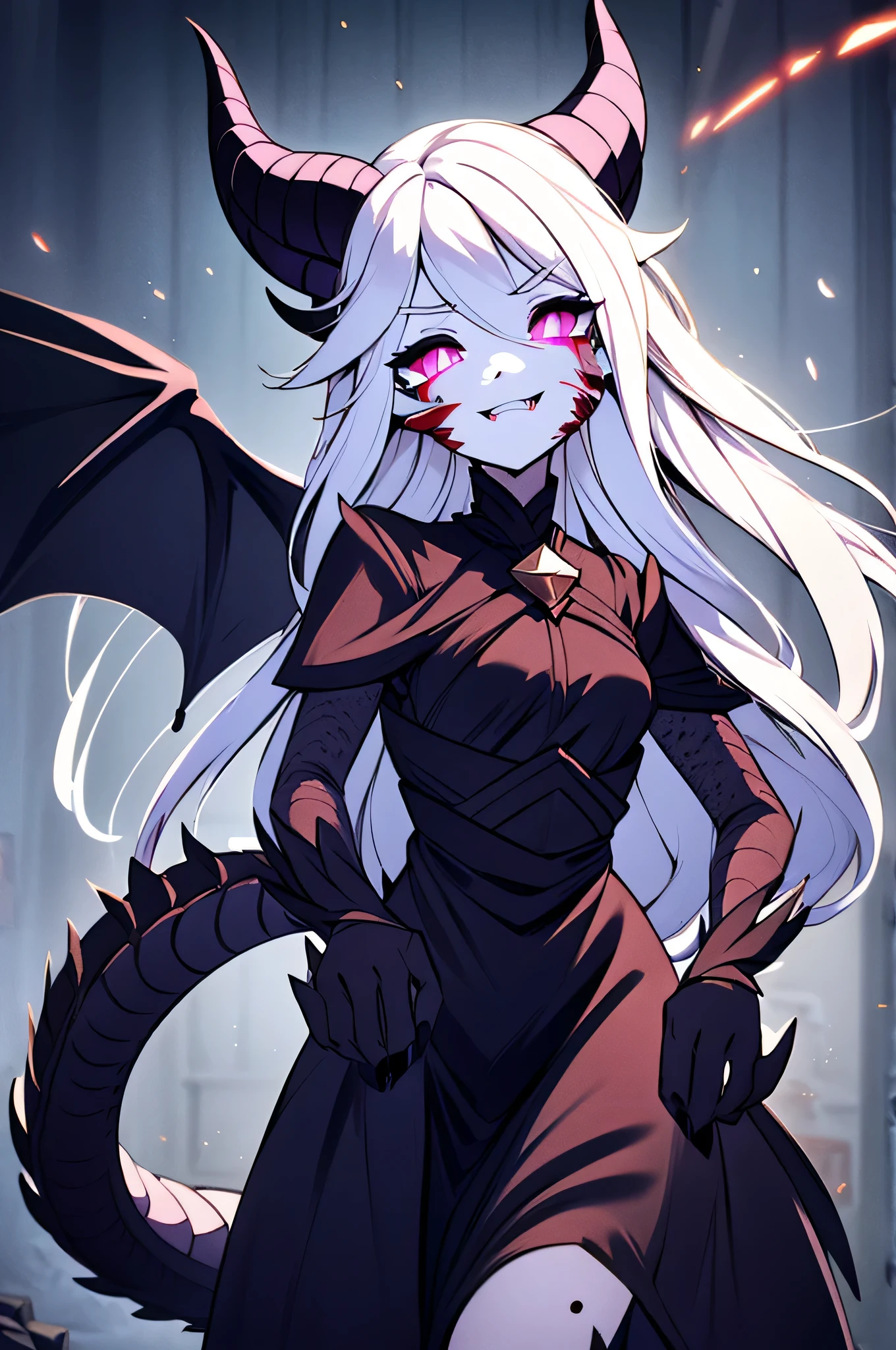 (best quality,4k,highres),((slender and tall)),(focus on face), 1 dragon woman, mature, menacing crazy glowing purple eyes with a black rim, ((black sclera)), crazed murderous smile, open mouth smile, fangs, very long wavy white hair, ((blood on her face)),slender dragon hands and feet, 6 horns with 3 on each side, 2 wings, 1 tail, black dragon scales, long ornate gothic black dress, small-medium chest, adult, elf ears