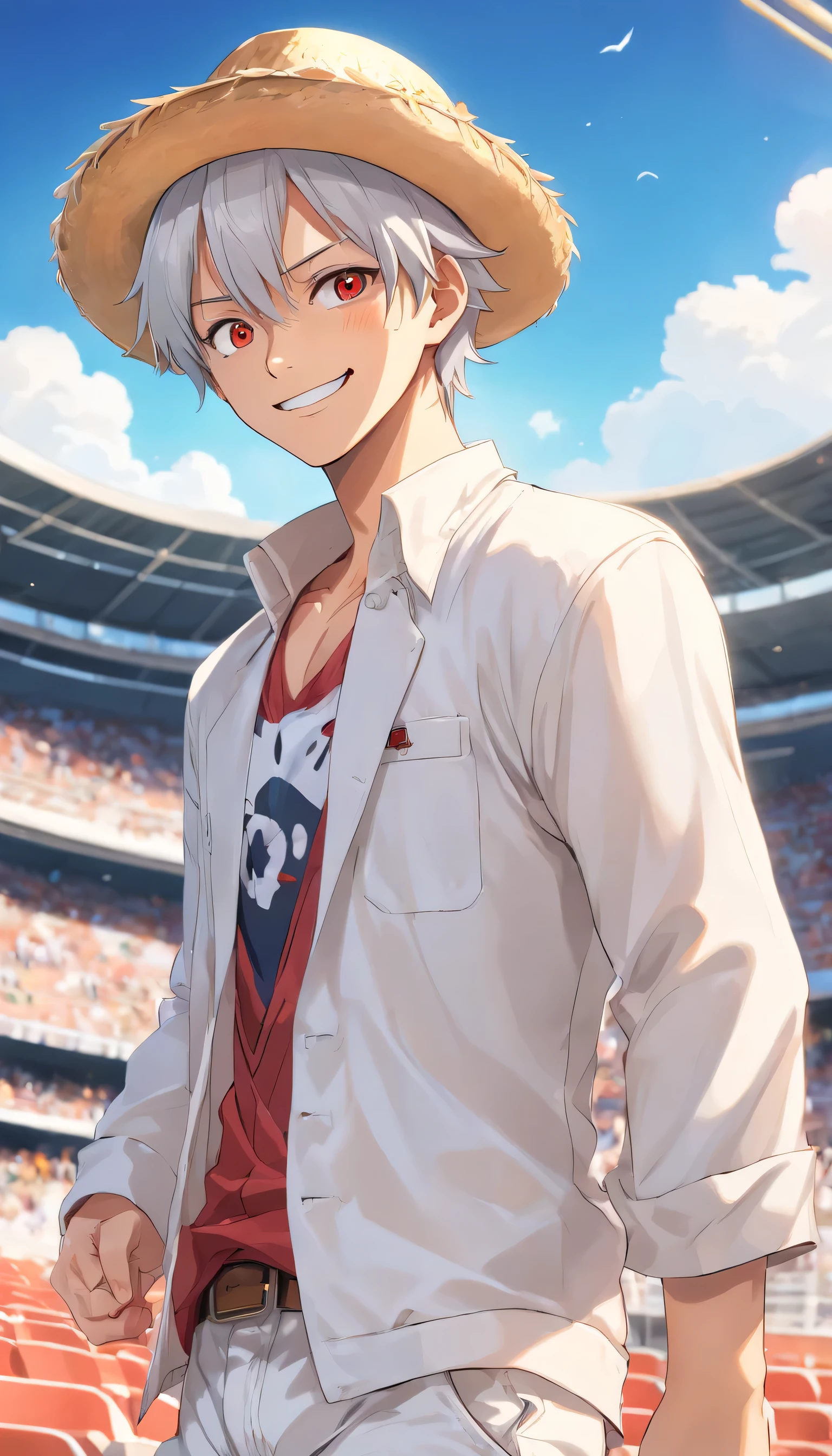 "《One Piece》Luffy wears Manchester United No. 5 Maguire Shirt, also wear straw hat, standing in a stadium, Facing the camera, Raise a hand，Smiling, best quality, intricate details, masterpiece, 1boy, man, masculine, gear fifth, monkey d. luffy, 1boy, curly eyebrows, gear fifth, grin, , hat, jacket, long sleeves, looking at viewer, male focus, open clothes, open jacket, red eyes, sanpaku, scar, scar on chest, Full white pant, White jeans, smile, solo, straw hat, white hair, white jacket, white Pant, thick eyebrows, white eyebrows,, Photorealistic, Hyperrealistic, Hyperdetailed, analog style, hip cocked, demure, low cut, black lace, detailed skin, matte skin, soft lighting, subsurface scattering, realistic, heavy shadow, masterpiece, best quality, ultra realistic, 8k, golden ratio, Intricate, High Detail, film photography, soft focus