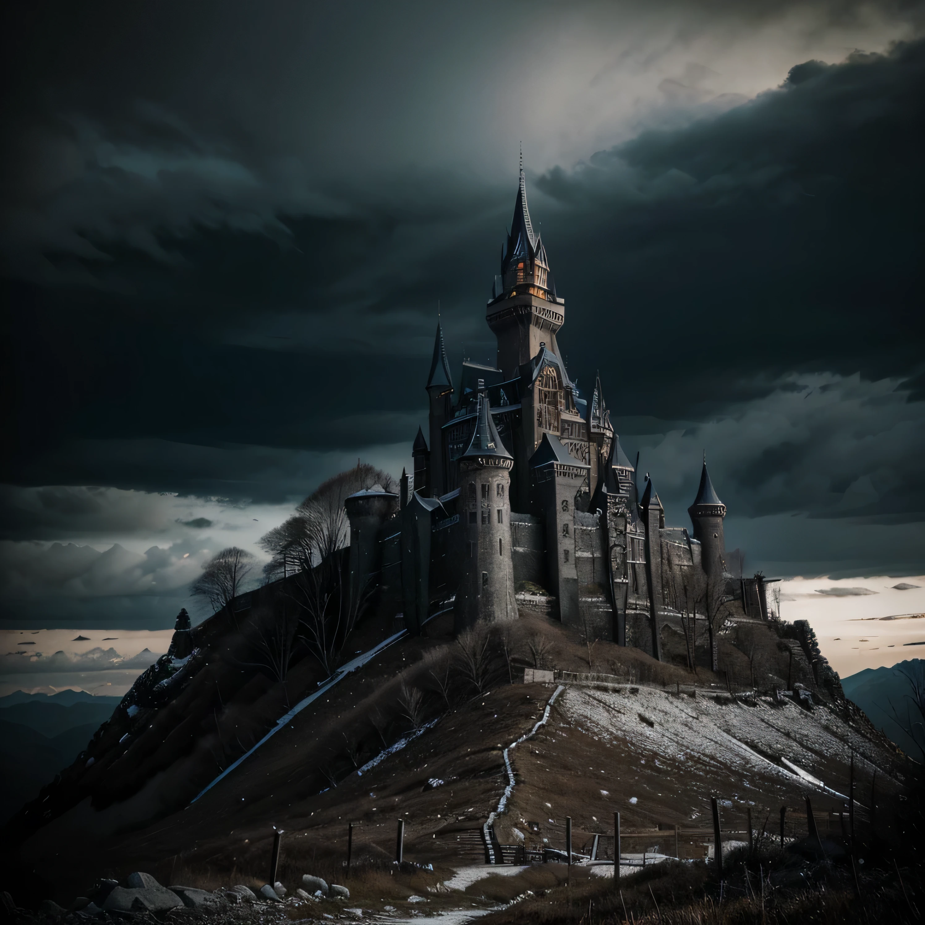 a dark craggy landscape with a large ominous castle sitting atop a mountain in the backround